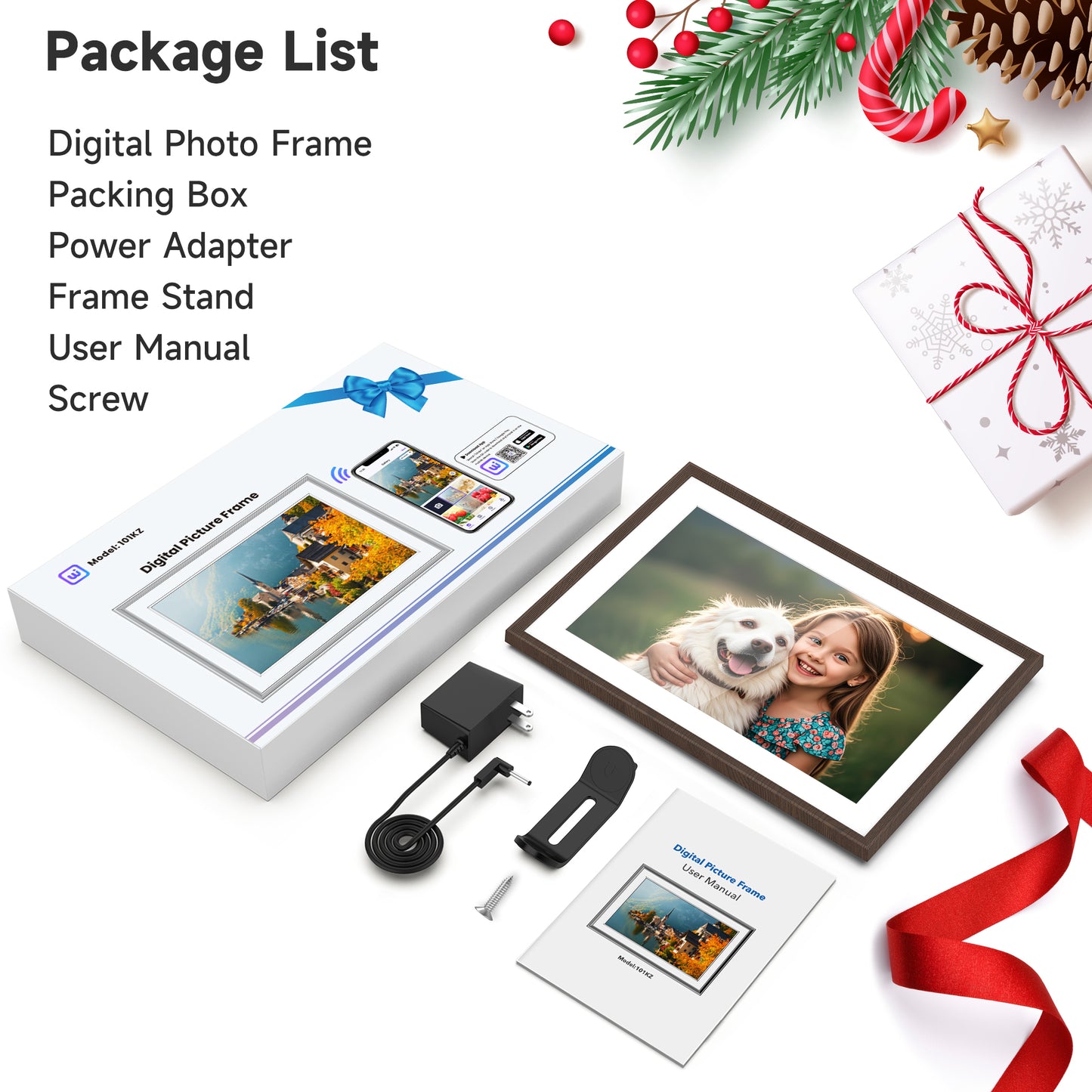 GIROOL Digital Picture Frame WiFi, Electronic Photo Frame with 10.1” IPS smart Touch Screen, Built-in 32GB Memory, Share Anytime, Anywhere via Uhale App, Perfect Gift! Woodgrain and White