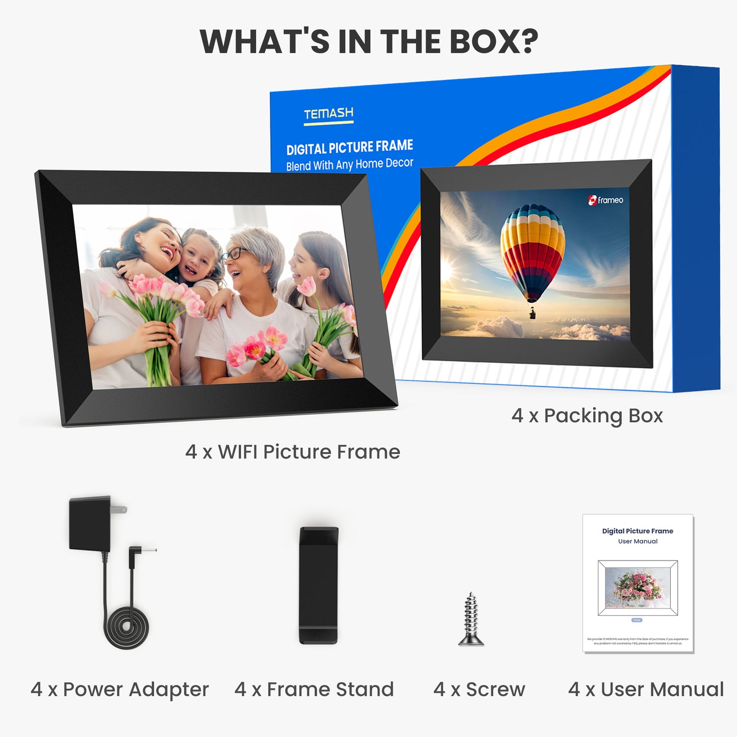 Frameo WiFi Digital Picture Frames 4 Pack, TEMASH 10.1" Digital Photo Frame 32G Memory with 1280*800 IPS Touchscreen, Wall Mount Auto Rotate Electronic Picture Frame, Gift for A Loved One!