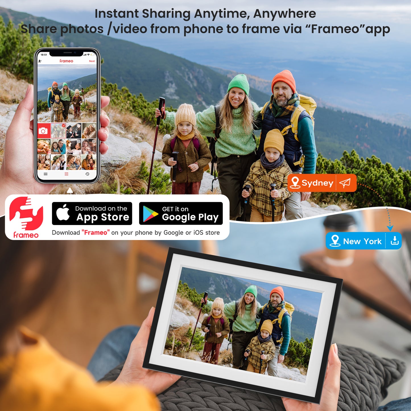 Frameo 10.1 inch WiFi Digital Photo Frame -1280*800 HD Digital Picture Frame IPS Touch Screen, Electronic Photo Frame 32GB Memory, Auto-Rotate, Slideshow, Wall-Mounted, Share Photos Videos Instantly