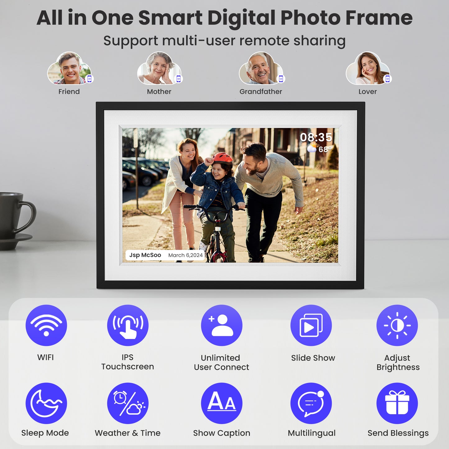 GIROOL WiFi Digital Photo Frame, 10.1" Electronic Photo Frame with IPS Touch Screen, Built-in 32GB Memory, Share Instant Photo from Anywhere,Auto Rotate, Best Gift Choice! Black and White.