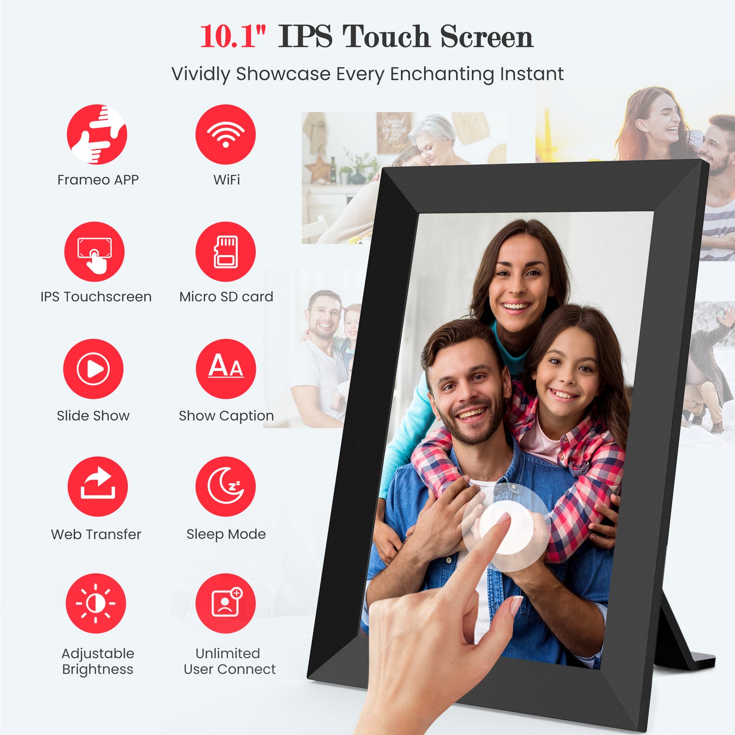 RICILAR Frameo WiFi Digital Picture Frame, 10.1-inch Electronic Photo Frame with IPS Touch Screen, 32GB Storage, Auto-Rotate, Wall Mountable, Ideal Gift Selection!