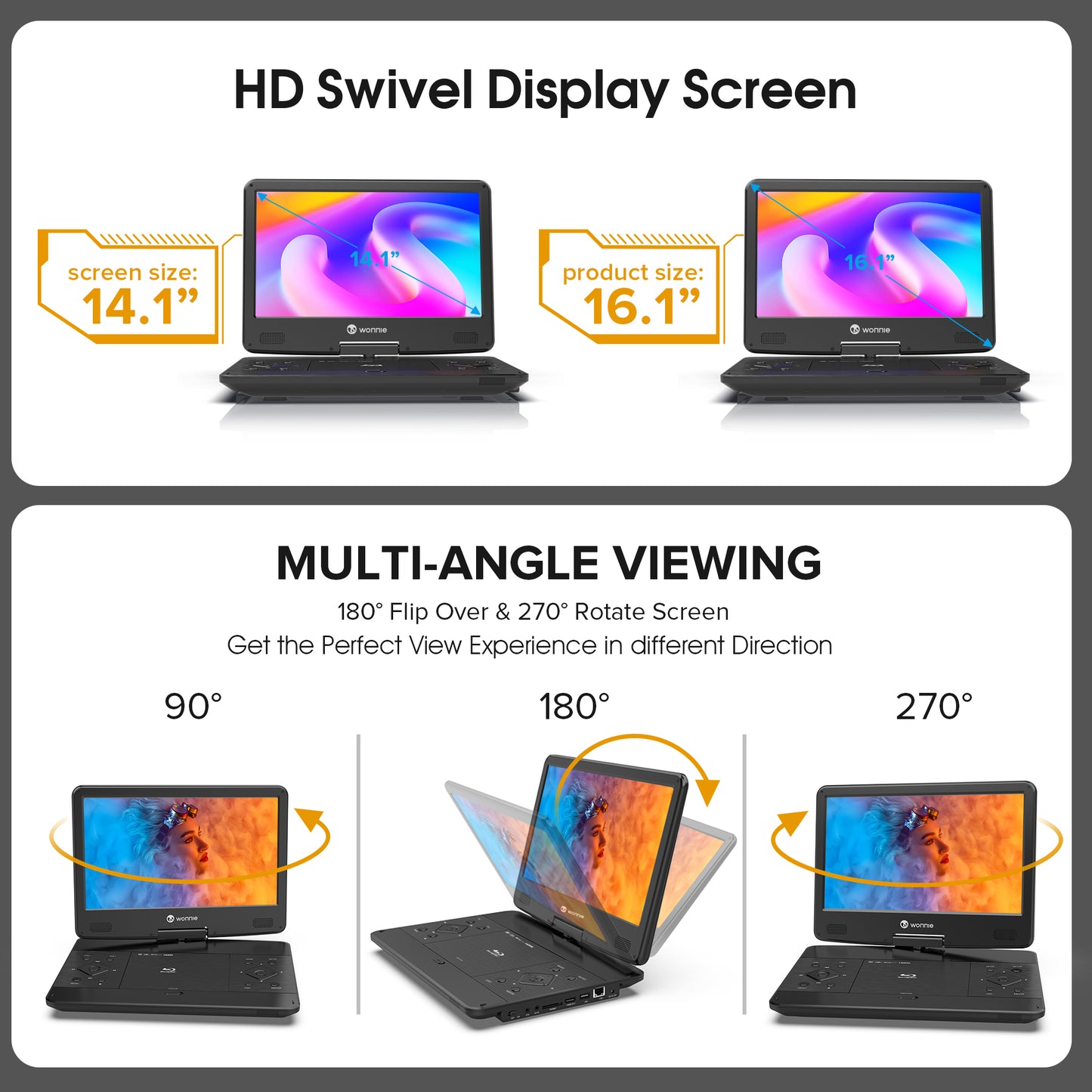 WONNIE Portable Blu Ray DVD Player, 16.9 inch DVD Player with 14.1" 1080p HD Screen, Blu Ray Players built in 5000mAh Battery, Supports HDMI Output, Dolby Audio, Last Memory, USB/SD Card, AV in