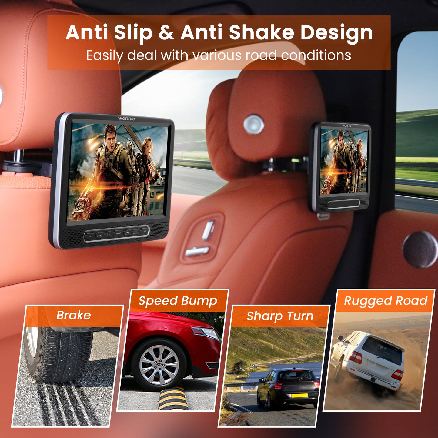 WONNIE 10.5" Dual Screen Portable Headrest DVD Player with Mounting Bracket and Mounting Straps,Car DVD Player Suction-Type Disc in , Full HD 1080P Video,Supports HDMI,USB ,SD,AV Out, Black