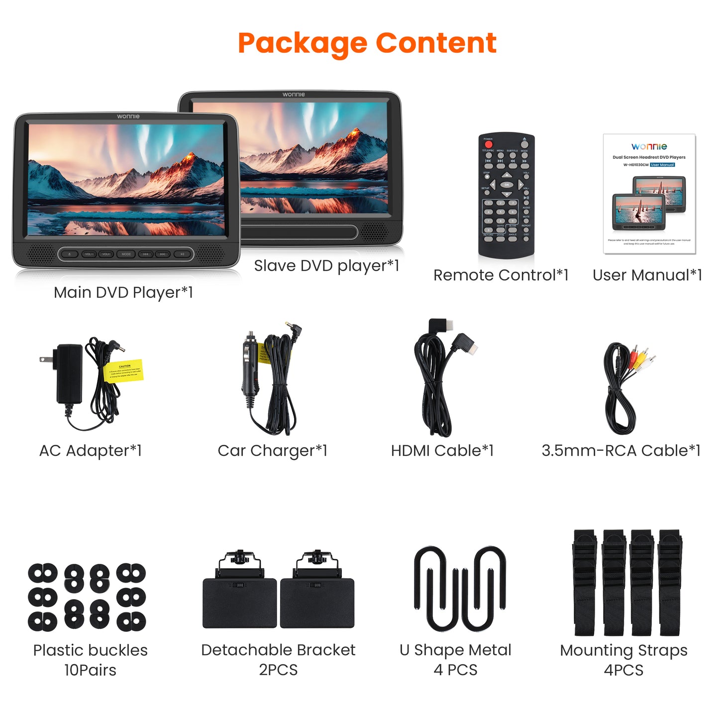WONNIE 10.5" Dual Screen Portable Headrest DVD Player with Mounting Bracket and Mounting Straps,Car DVD Player Suction-Type Disc in , Full HD 1080P Video,Supports HDMI,USB ,SD,AV Out, Black