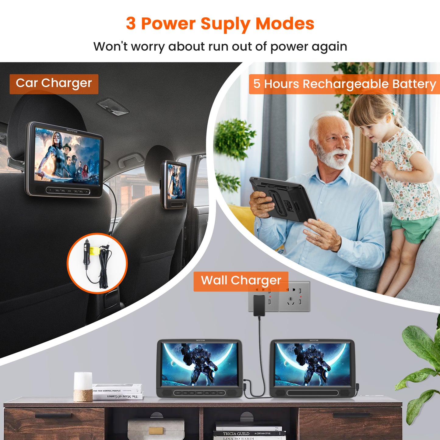 WONNIE 10.5" Dual Screen Portable Headrest DVD Player with Mounting Bracket and Mounting Straps,Car DVD Player Suction-Type Disc in , Full HD 1080P Video,Supports HDMI,USB ,SD,AV Out, Black