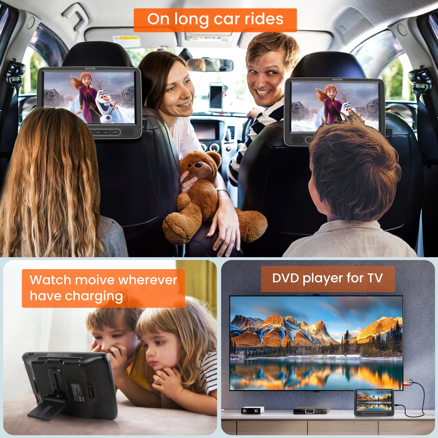 WONNIE 10.5" Dual Screen Portable Headrest DVD Player with Mounting Bracket and Mounting Straps,Car DVD Player Suction-Type Disc in , Full HD 1080P Video,Supports HDMI,USB ,SD,AV Out, Black