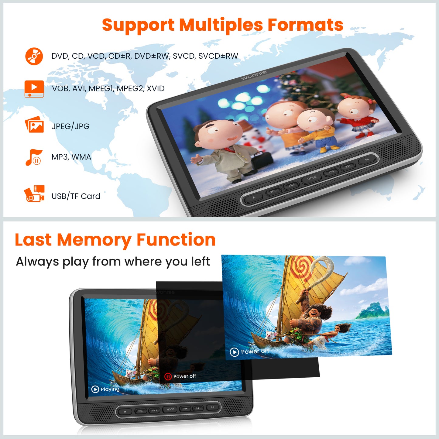 WONNIE 10.5" Dual Screen Portable Headrest DVD Player with Mounting Bracket and Mounting Straps,Car DVD Player Suction-Type Disc in , Full HD 1080P Video,Supports HDMI,USB ,SD,AV Out, Black