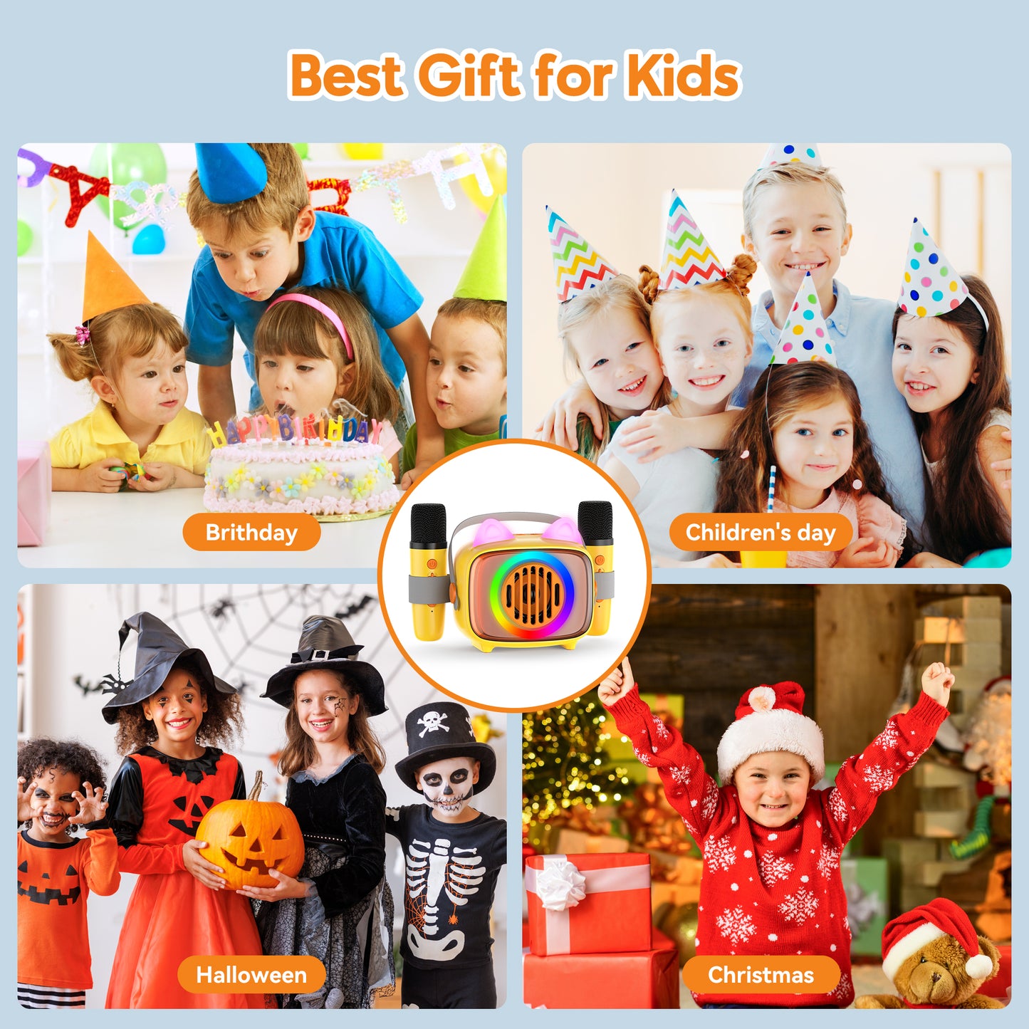 BIGASUO Kids Karaoke Machine, Portable Bluetooth Karaoke Speaker with 2 Wirless Microphones and Colorful Light,Mini Singing Machine Support TF card ,USB,AUX IN,with Shoulder Strap,Best Gift for Kids
