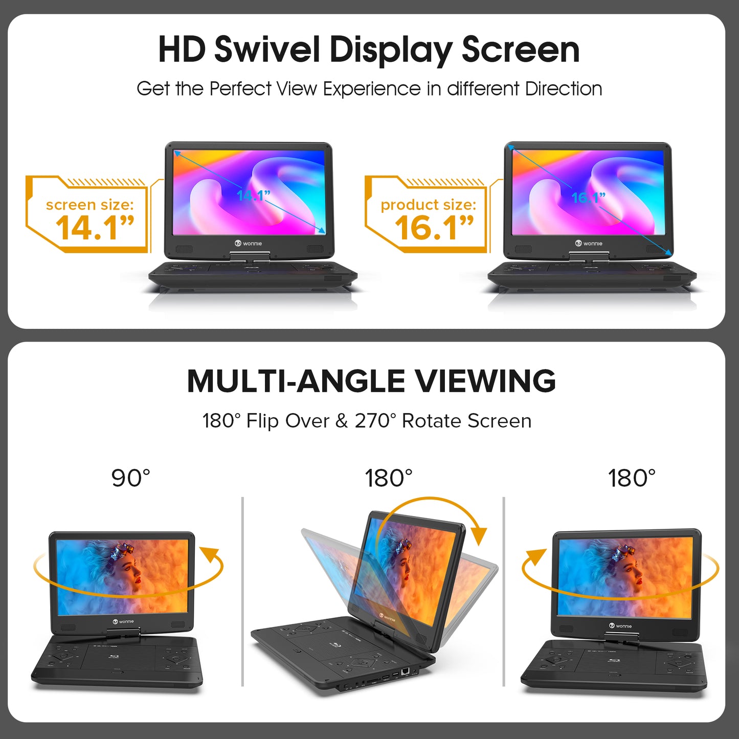 WONNIE Portable Blu Ray DVD Player, 16.9 inch DVD Player with 14.1" 1080p HD Screen, Blu Ray Players built in 5000mAh Battery, Supports HDMI Output, Dolby Audio, Last Memory, USB/SD Card, AV in