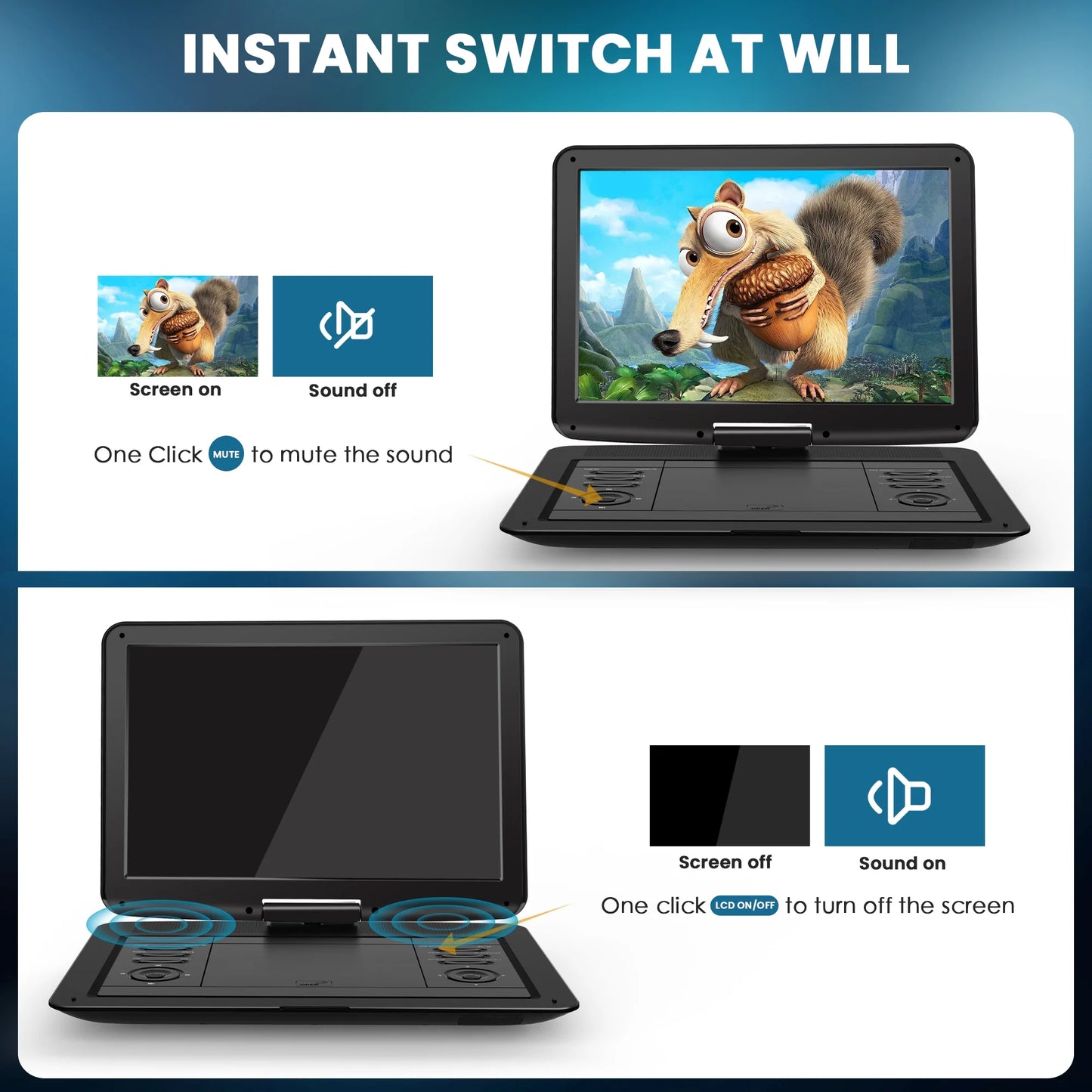 WONNIE 16.9" Portable DVD Player with 14.1" Large Swivel Screen for Car and Kids, Headrest DVD Player with 6 Hrs Rechargeable Battery, Dual Speakers, Support USB/SD Card/Sync TV