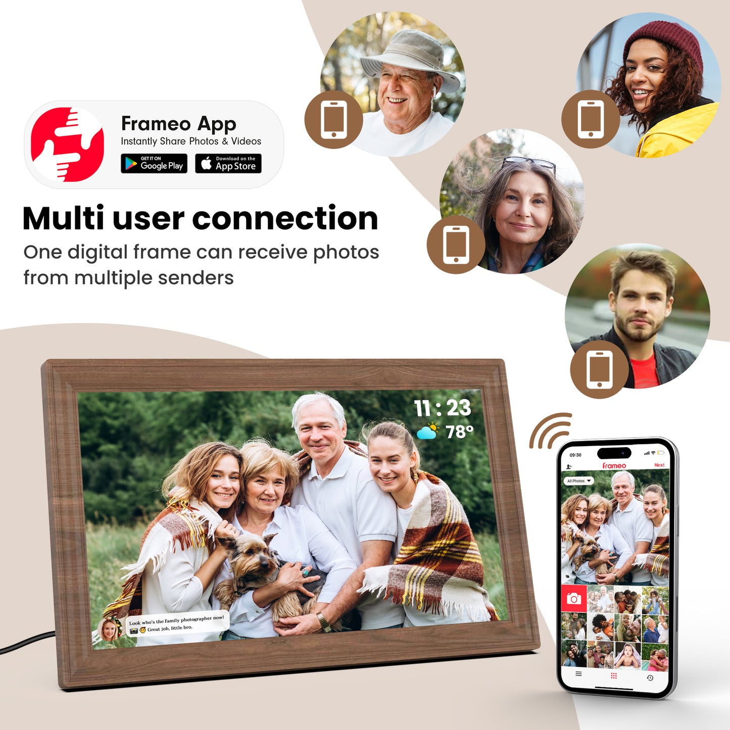 TEMASH Frameo 15.6 Inch WiFi Digital Picture Frame Woodgrain Large Digital Photo Frame 32GB Storage 1920×1080 IPS FHD Touchscreen Auto Rotate Share Video Picture Instantly via App Gifts for Family