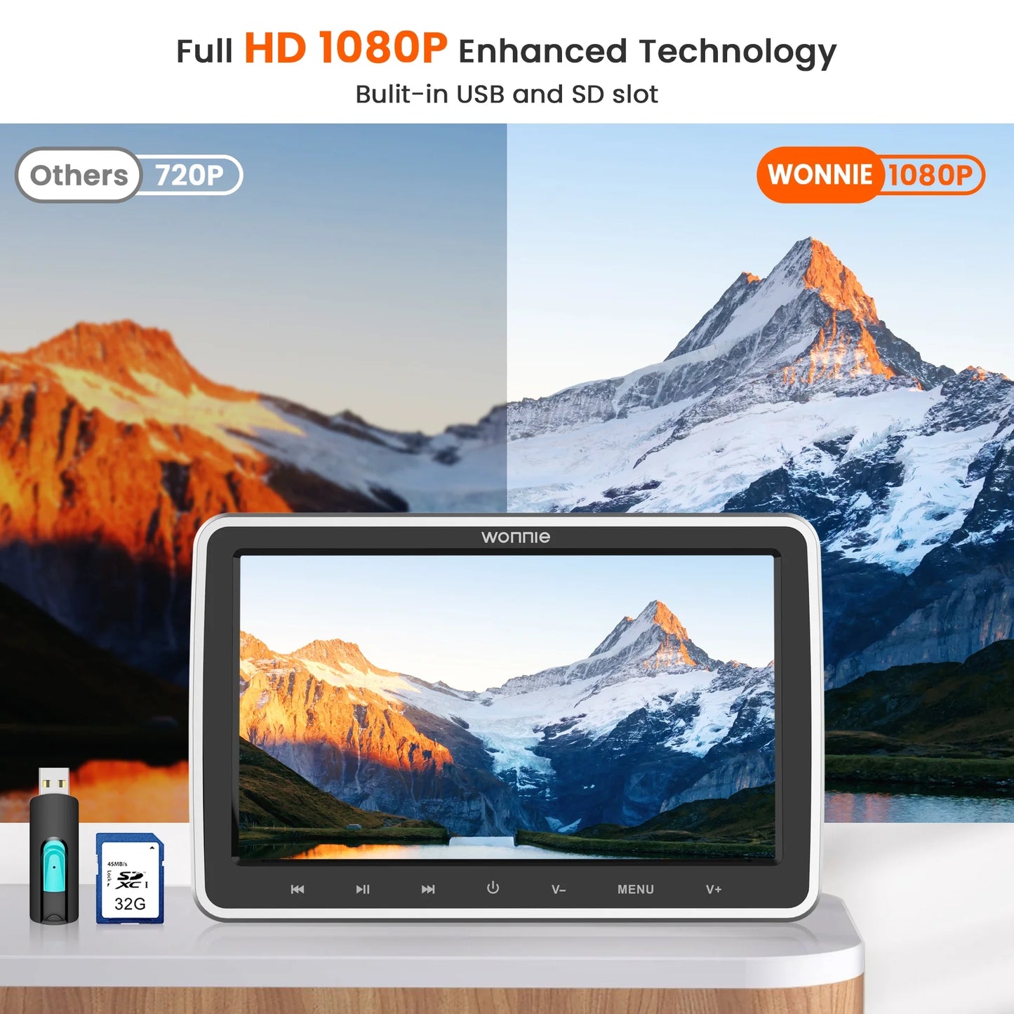 Wonnie 10.5" Headrest DVD Player for Car, Portable DVD Player with Headrest Mount & Headphone, Car DVD Player Support 1080P Video, USB, SD, AV in /Out, Last Memory,Best Gift Idea for Kids