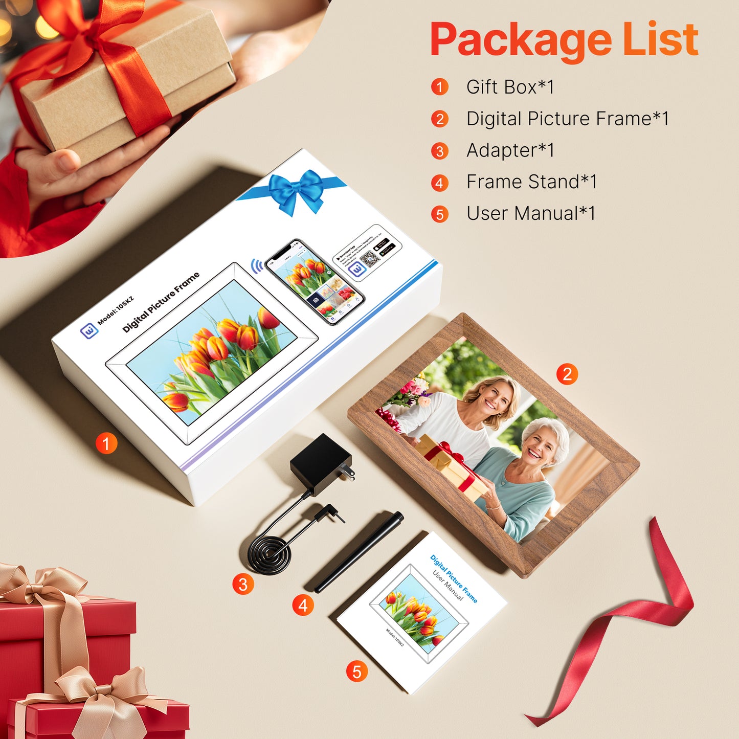 NUSICAN WiFi Digital Picture Frame 10.1" 32GB, Electronic Photo Frame with HD IPS Touch Screen, Auto Rotate, Slideshow, Wall Mountable ,Easy Setup Digital Frame to share Photos & Videos Via Free App