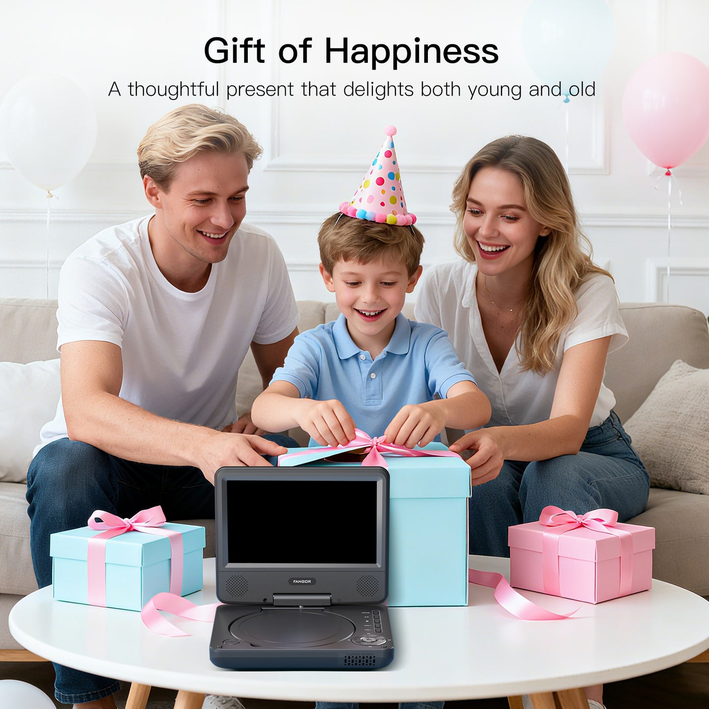 FANGOR 9.5" Portable DVD Player for Car with 7" Swivel Screen, 4 Hours Rechargeable Battery, Dual Speakers, Remote Control, Support CD/USB/SD Card/Sync TV, Perfect Gift for Kids