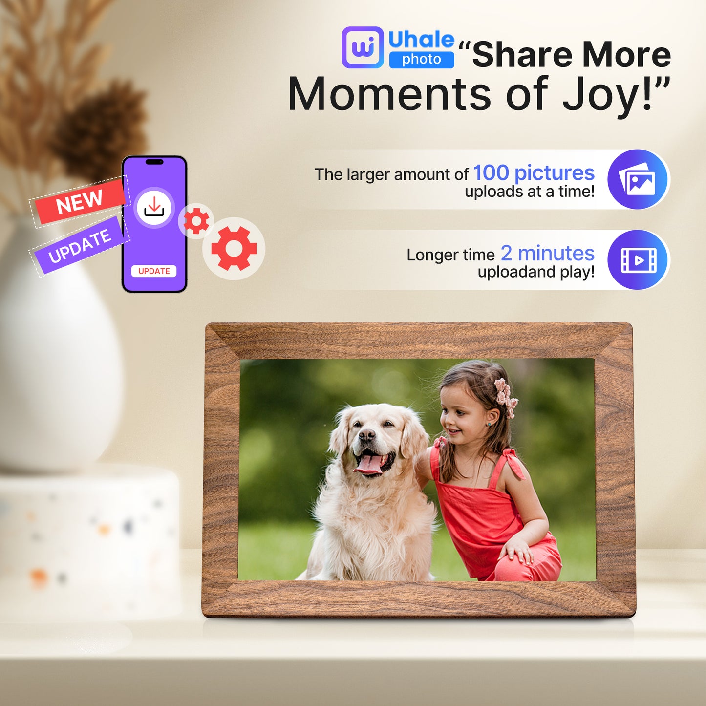 TEMASH Smart Digital Picture Frame WiFi, 10.1 inch Wood Grain Plastic Electronic Photo Frame 32GB Storage Support TF Card IPS Touchscreen, Auto-Rotate Share Photos Wishes, Best Gift