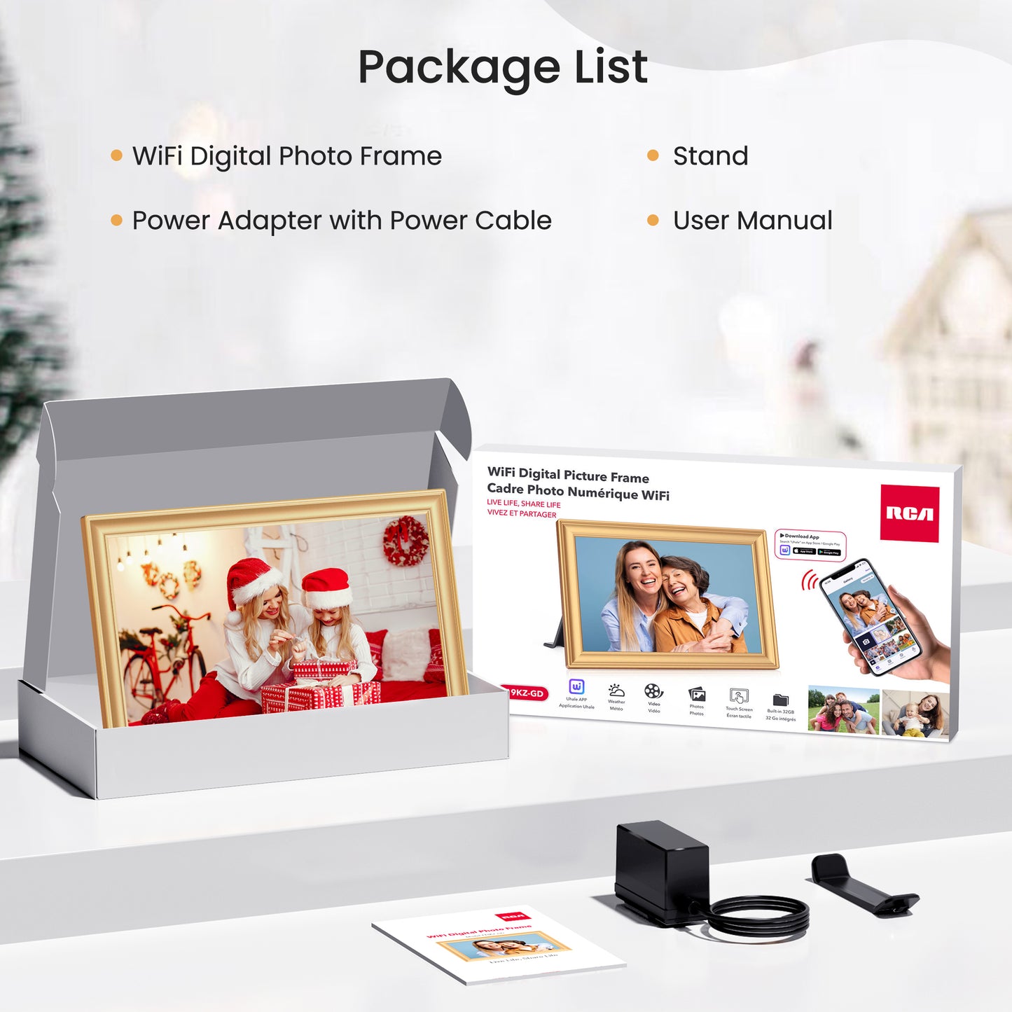 Uhale WiFi Digital Picture Frame, RCA 10.1 Inch Electric 1080p HD Touch Screen Photo Frame Digital with 32GB Memory, USB SD Slot, Auto Rotate, Wall Mountable, Share Photos/Videos Instantly (Gold)