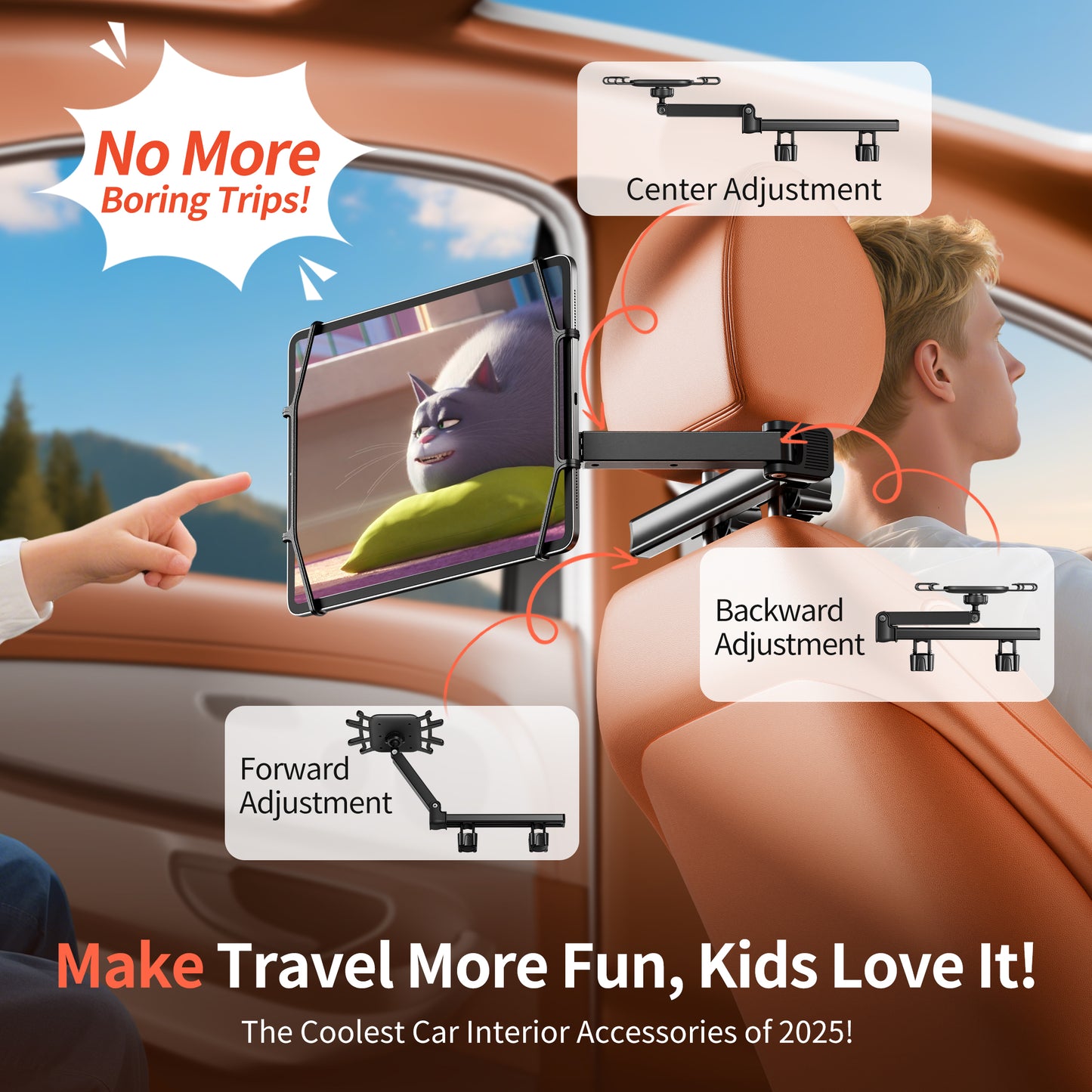 Car Headrest Tablet Holder for Kids, 360° Rotation Silicone Holder Tablet Stand, Adjustable Headrest Mount Fits for 7-13" Tablets, iPad Pro/Air/Mini