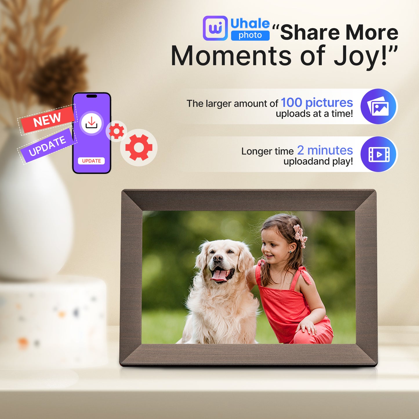 TEMASH WiFi Digital Photo Frame 32GB Storage 10.1" Electronic Picture Frame 1280*800 HD Touchscreen TF Card Slot Instanly Send Photos Wishes via free App Best Gift(Grey Wood Frame)
