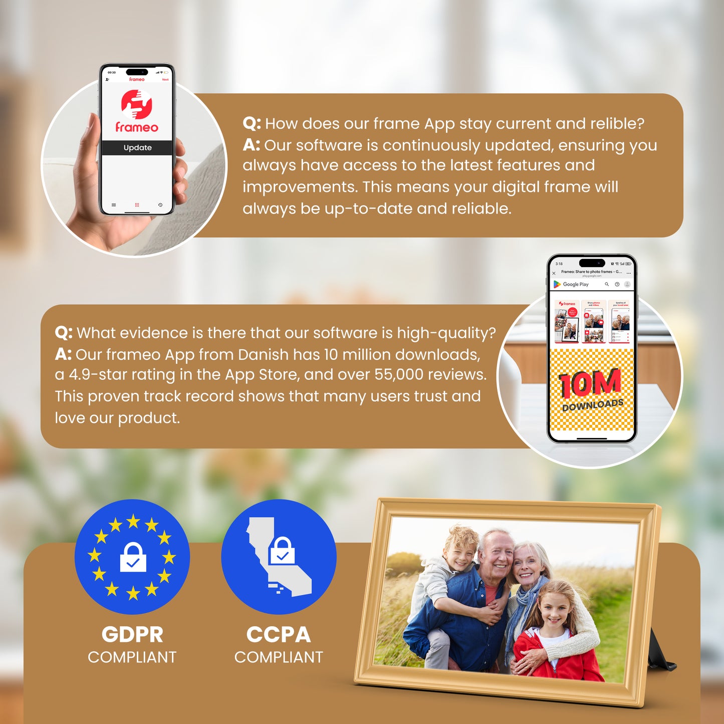 TEMASH Frameo 15.6 Inch WiFi Digital Picture Frame Gold Large Digital Photo Frame 64GB Storage 1920×1080 IPS FHD Touchscreen Auto Rotate Share Video Picture Instantly via App Gifts for Family