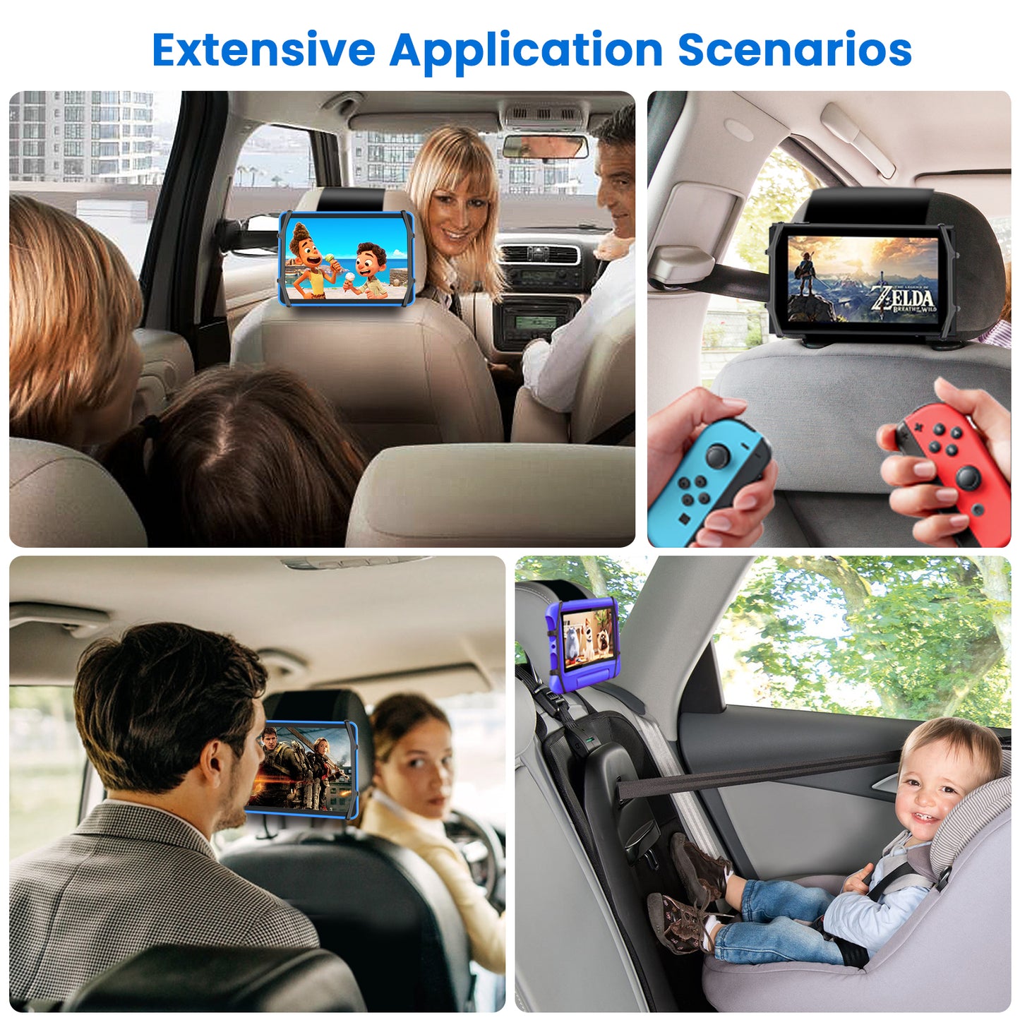 NUSICAN Car Headrest Mount Holder, 2 Pack Universal Back Seat Headrest Tablet Holder, Silicone Holder for Kids Tablet Stand, Anti Slip & Angle-Adjustable Holder Fits for 7-12.9'' Tablets iPad Pro Air