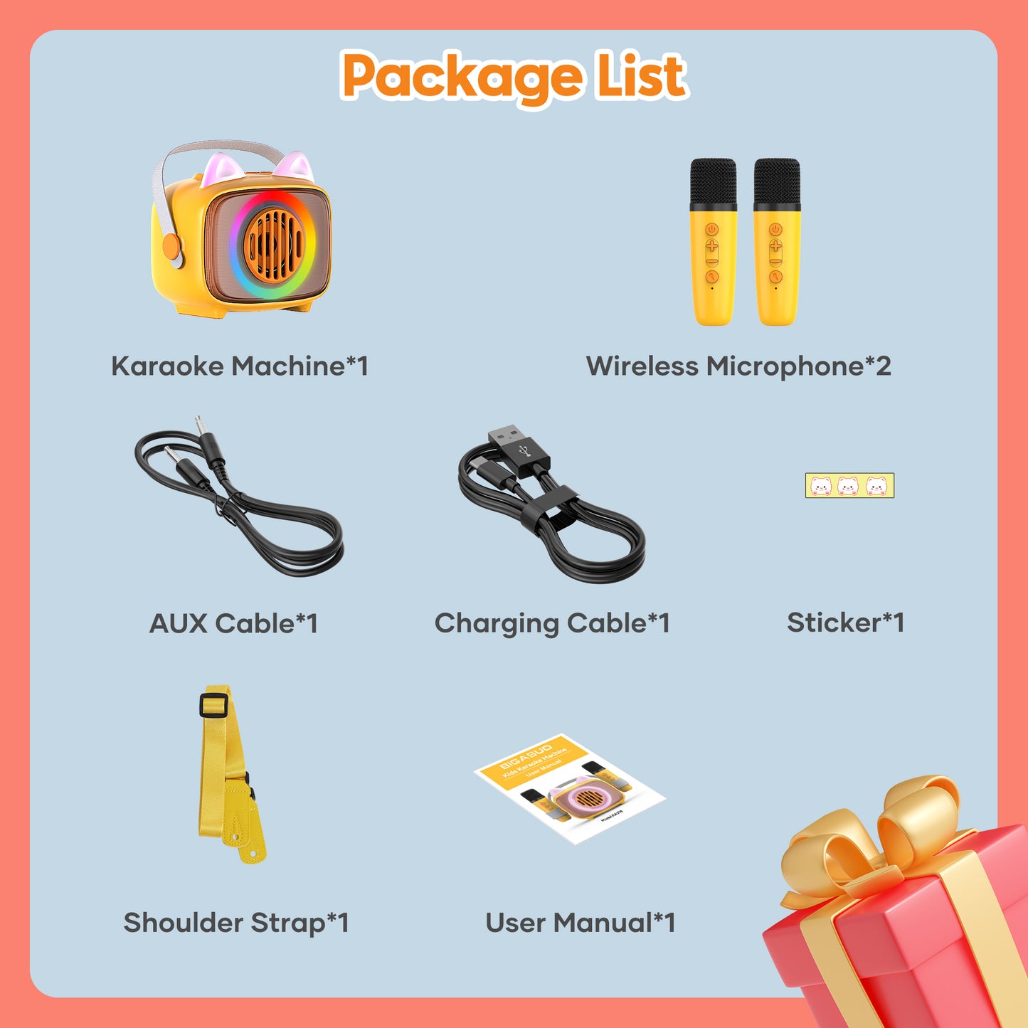 BIGASUO Kids Karaoke Machine, Portable Bluetooth Karaoke Speaker with 2 Wirless Microphones and Colorful Light,Mini Singing Machine Support TF card ,USB,AUX IN,with Shoulder Strap,Best Gift for Kids