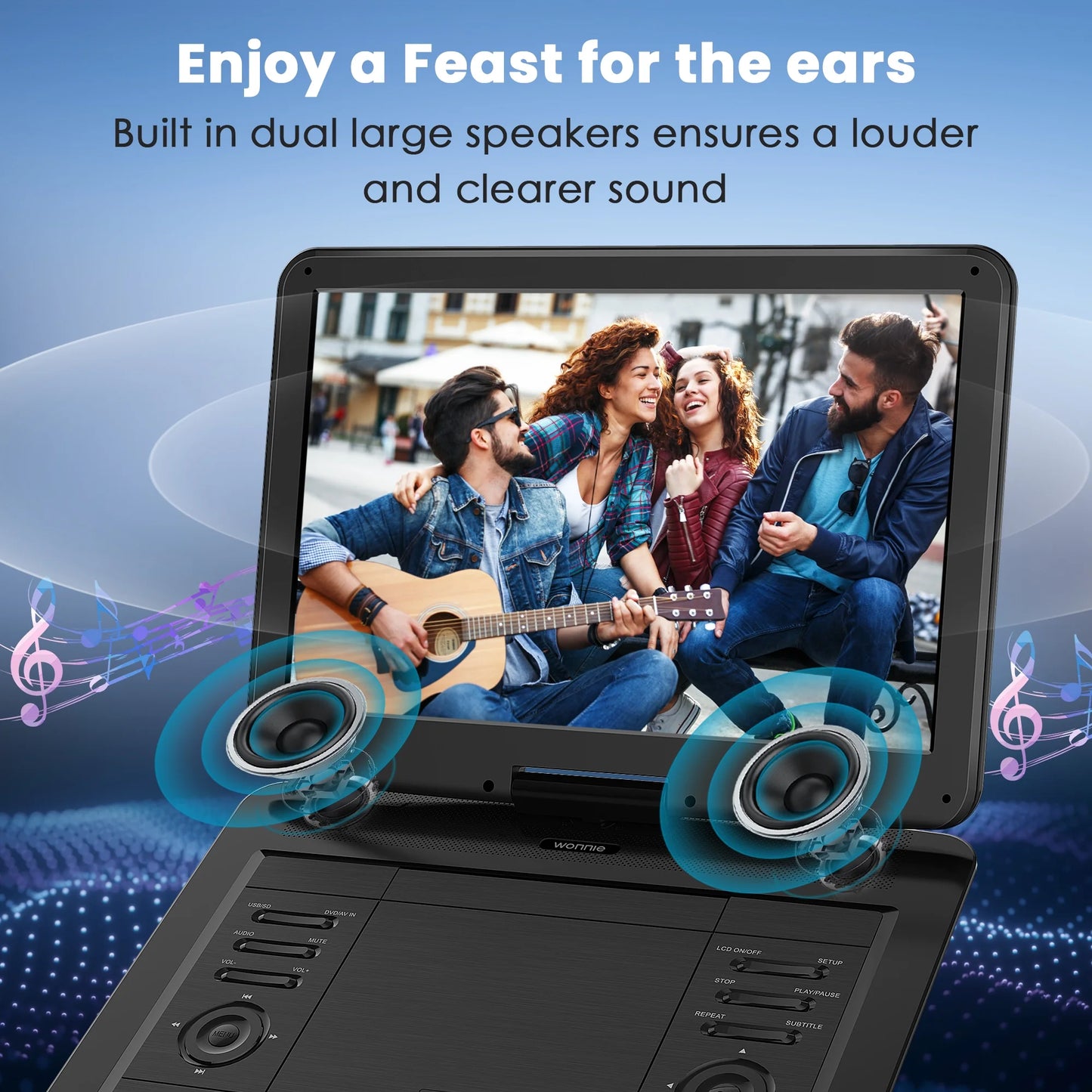 WONNIE 16.9" Portable DVD Player with 14.1" Large Swivel Screen for Car and Kids, Headrest DVD Player with 6 Hrs Rechargeable Battery, Dual Speakers, Support USB/SD Card/Sync TV
