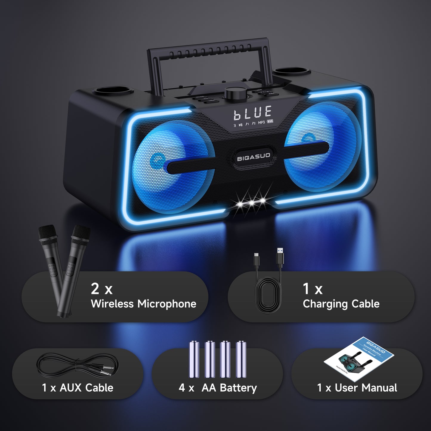 Bluetooth Karaoke Machine with 2 UHF Wireless PA System Microphones for Adult, BIGASUO Portable handheld Party Speaker with LED Lights & Lyrics Display Holder, Karaoke Speaker for Indoor/Outdoor