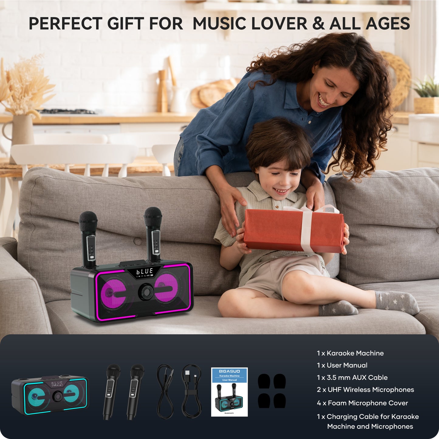 BIGASUO Karaoke Machine, Portable Bluetooth Speaker with 2 UHF Wireless Karaoke Microphones for Adults Kids, Home Karaoke Singing Machine PA System with LED Lights, Supports TF Card/USB, Aux in