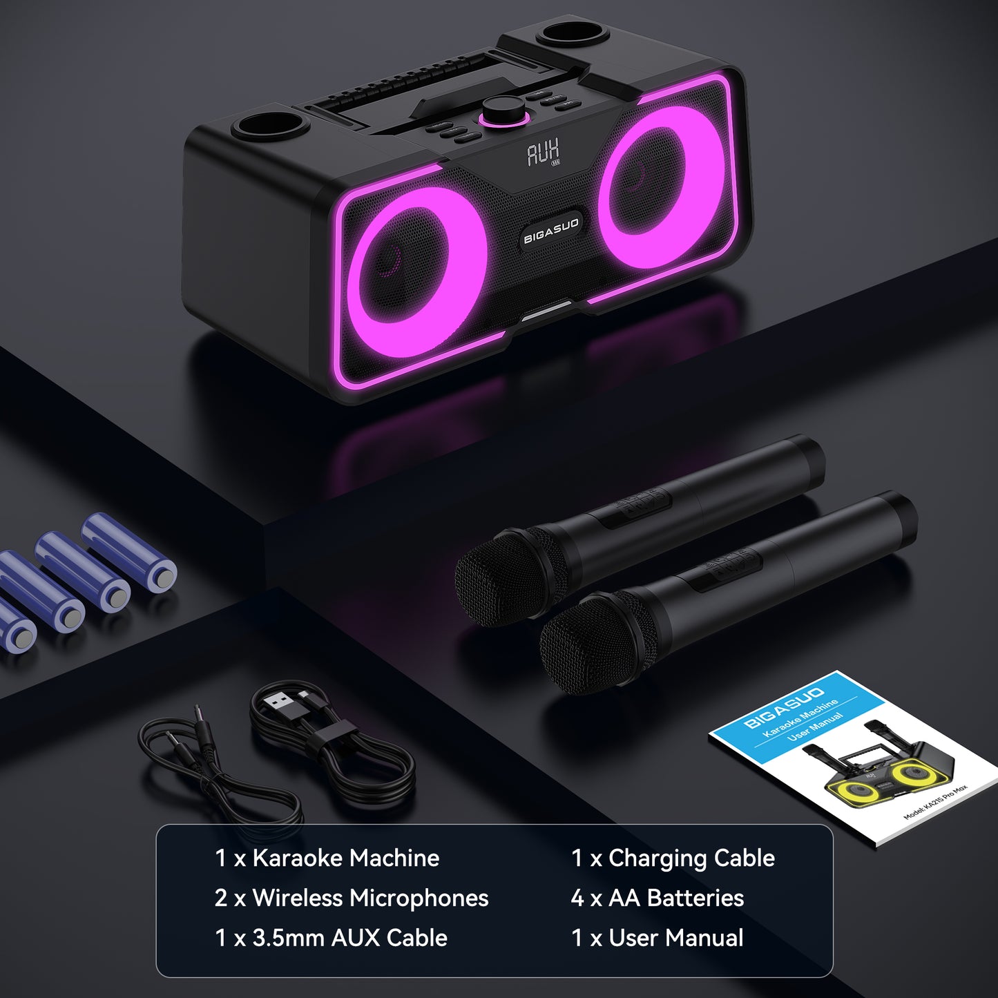 BIGASUO Karaoke Singing Machine, Portable Bluetooth Party Speakers with 2 Karaoke PA System microphones for Adult & Kids, Bluetooth Karaoke Machine with LED Lights Supports TF Card/USB, Aux In