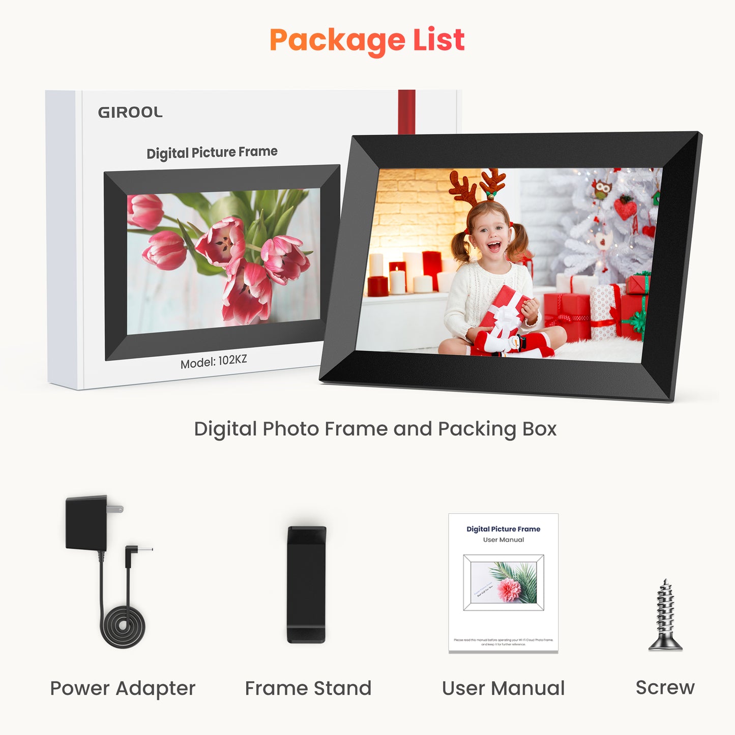 GIROOL 10.1" WiFi Digital Picture Frame, 32GB Storage Smart Touch Screen Photo Frame, HD Electric Picture Frame, Auto-Rotate or Wall Mountable,Send Photos and Videos via free App, Best Gift!