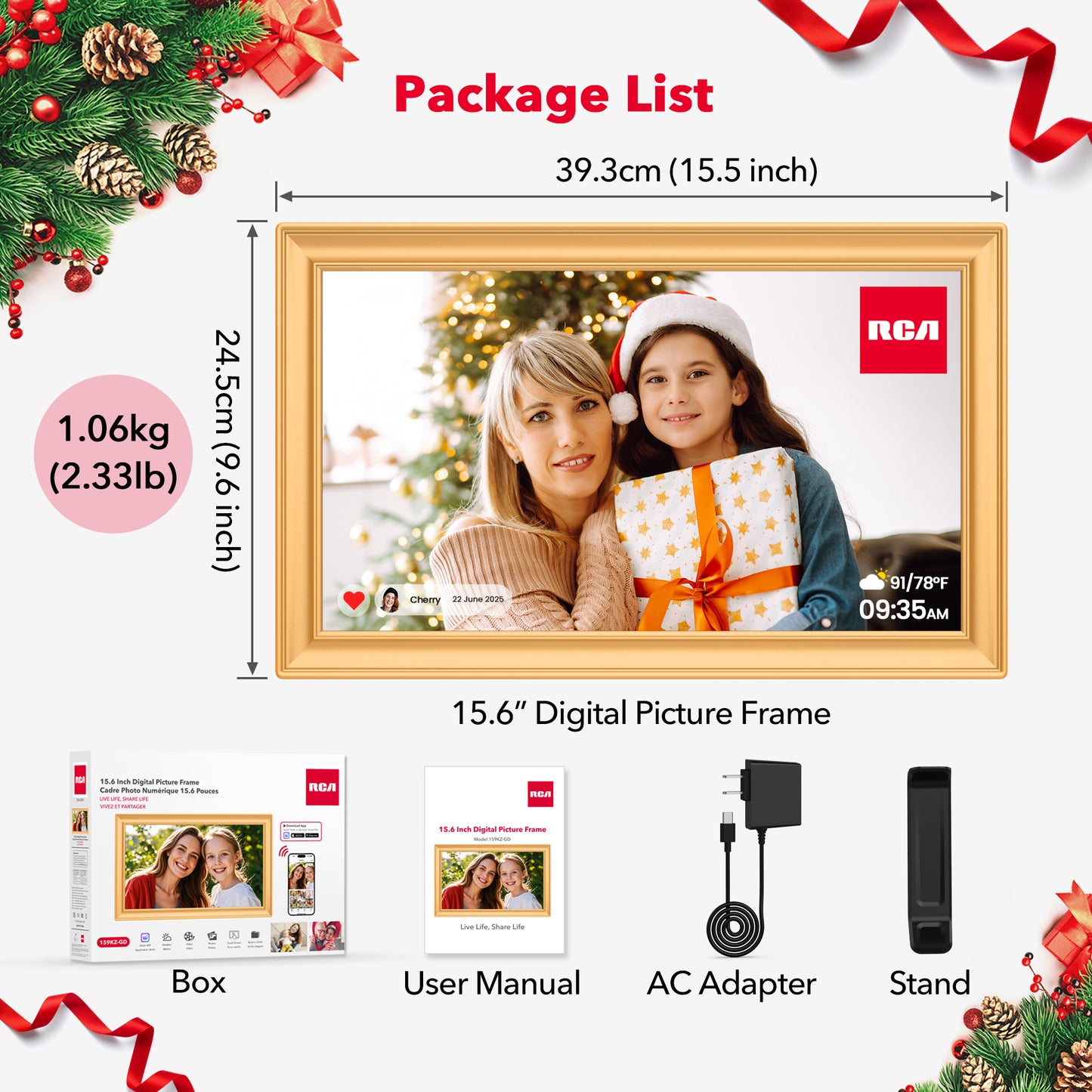 15.6" Large WiFi Digital Picture Frame RCA 32GB Electric Uhale Frames 1920 X 1080P FHD IPS Touch Screen Instant Share Pictures Videos Greetings from Phone Anytime, Best Gifts for Family & Friends