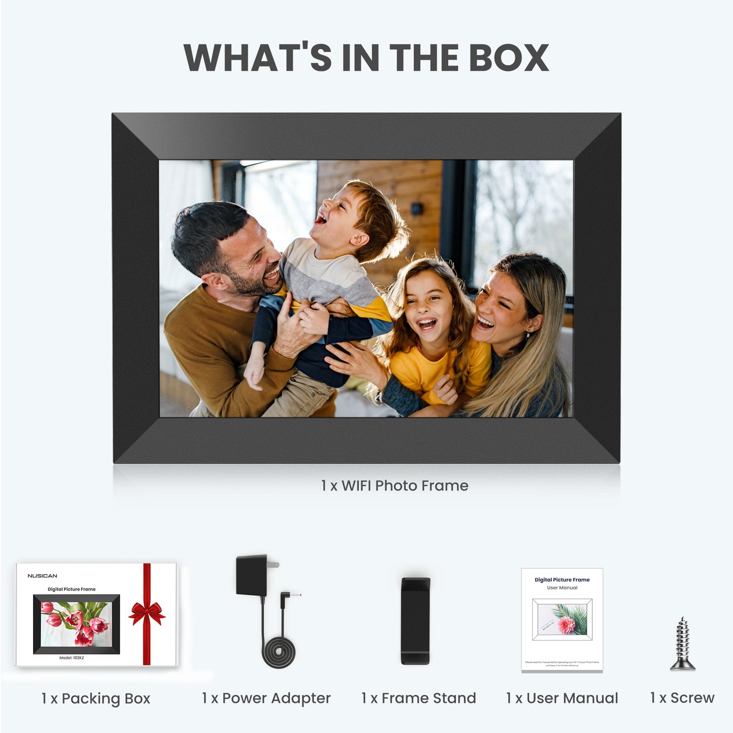 NUSICAN WiFi Digital Picture Frame, 10.1" Smart Photo Frames Touch Screen with 32G Memory, HD Electric Picture Frame support Wall Mount, Auto-Rotate, Share Instant Photos from Anywhere, Best Gifts!