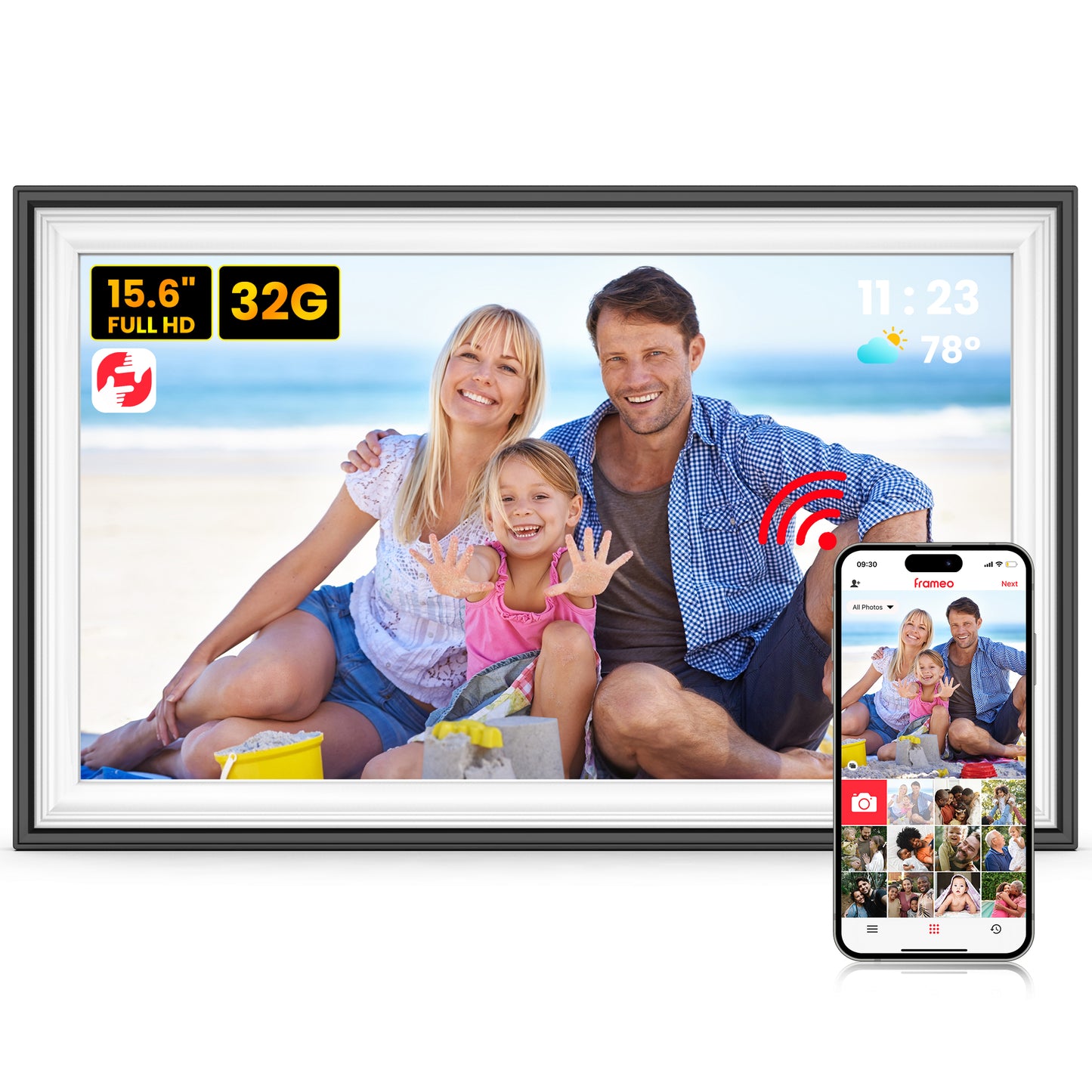 Frameo Digital Picture Frame, TEMASH 15.6 Inch Large Digital Photo Frame WiFi with 32GB Storage, 1920*1080 FHD IPS Touchscreen Auto Rotate, Easy to Share Photos Videos, Black with White Mat