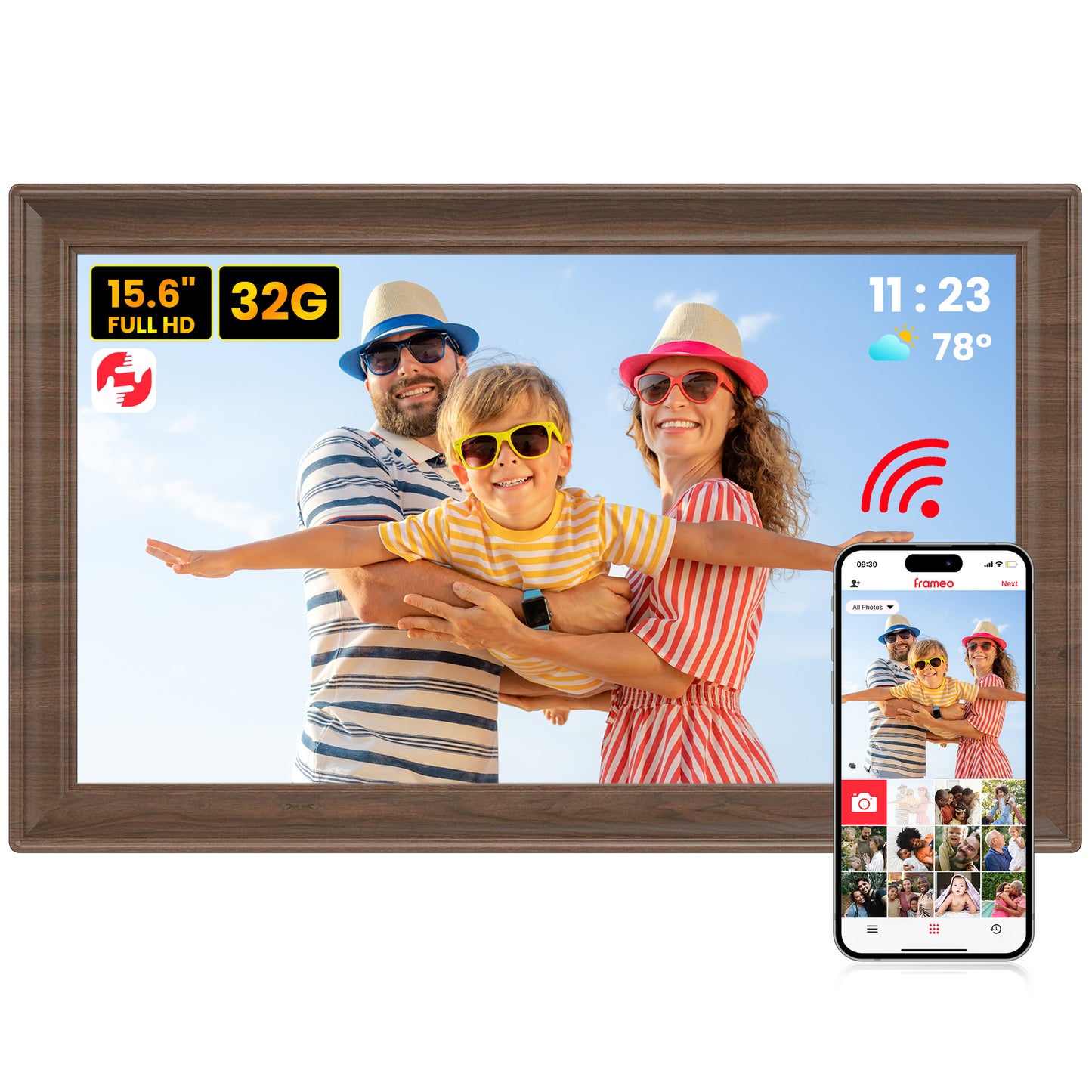 TEMASH Frameo 15.6 Inch WiFi Digital Picture Frame Woodgrain Large Digital Photo Frame 32GB Storage 1920×1080 IPS FHD Touchscreen Auto Rotate Share Video Picture Instantly via App Gifts for Family