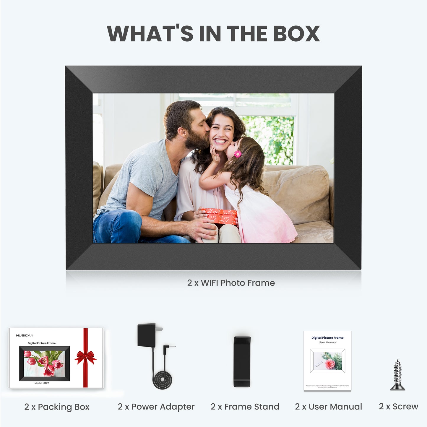 NUSICAN 10.1" WiFi Digital Picture Frame 2 Pack, IPS HD Smart Touch Screen Cloud Electric Photo Frame with 32GB Storage, SlideShow, Auto-Rotate, Share Photos & Videos instantly, Best Gift choices!