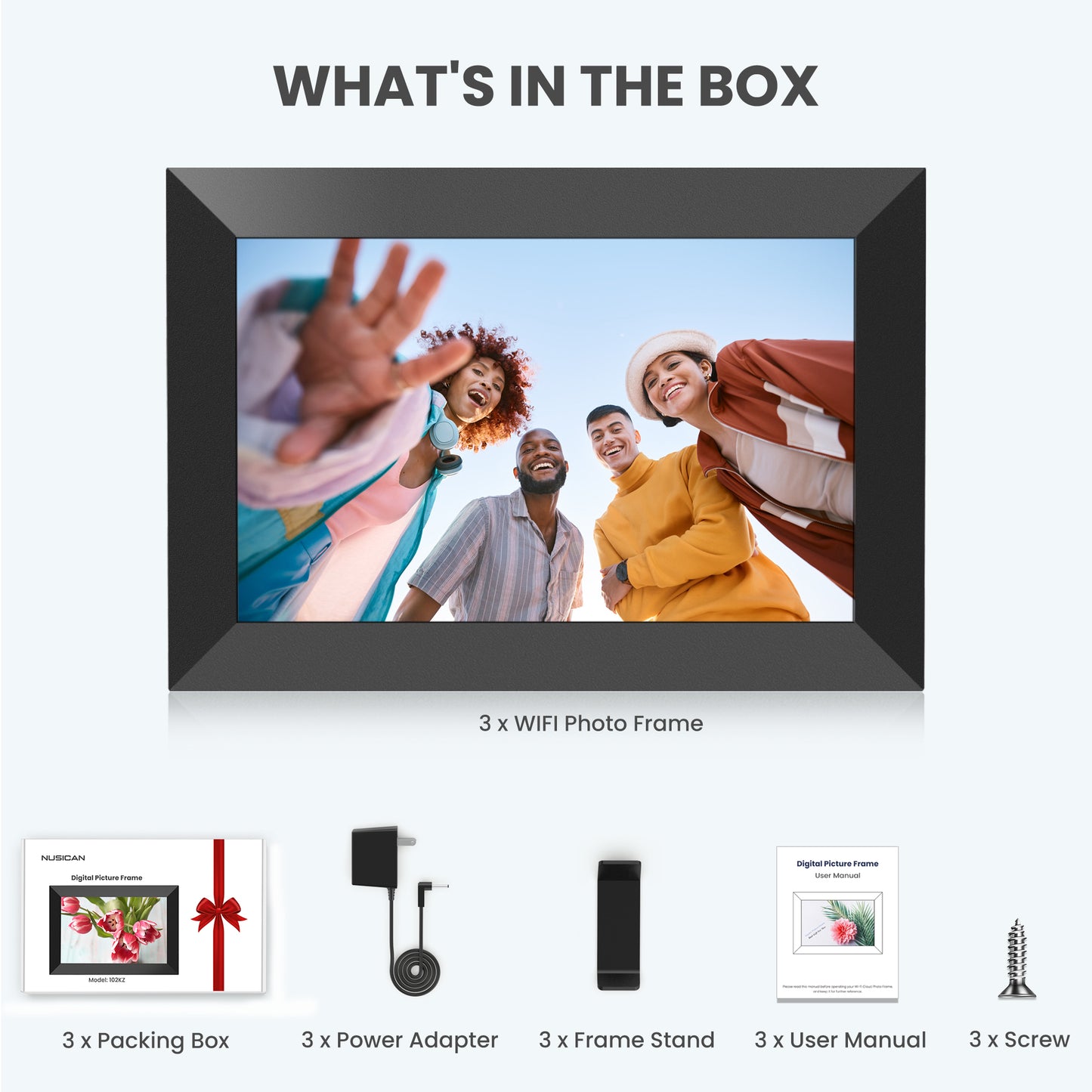 10.1 Inch WiFi Digital Photo Frame 3Pack, Nusican Smart Cloud HD Touch Screen Picture Frame with 32G Storage, Electronic WiFi Photo Frame Support share instant Photo &Video, Best Gift for Friends !