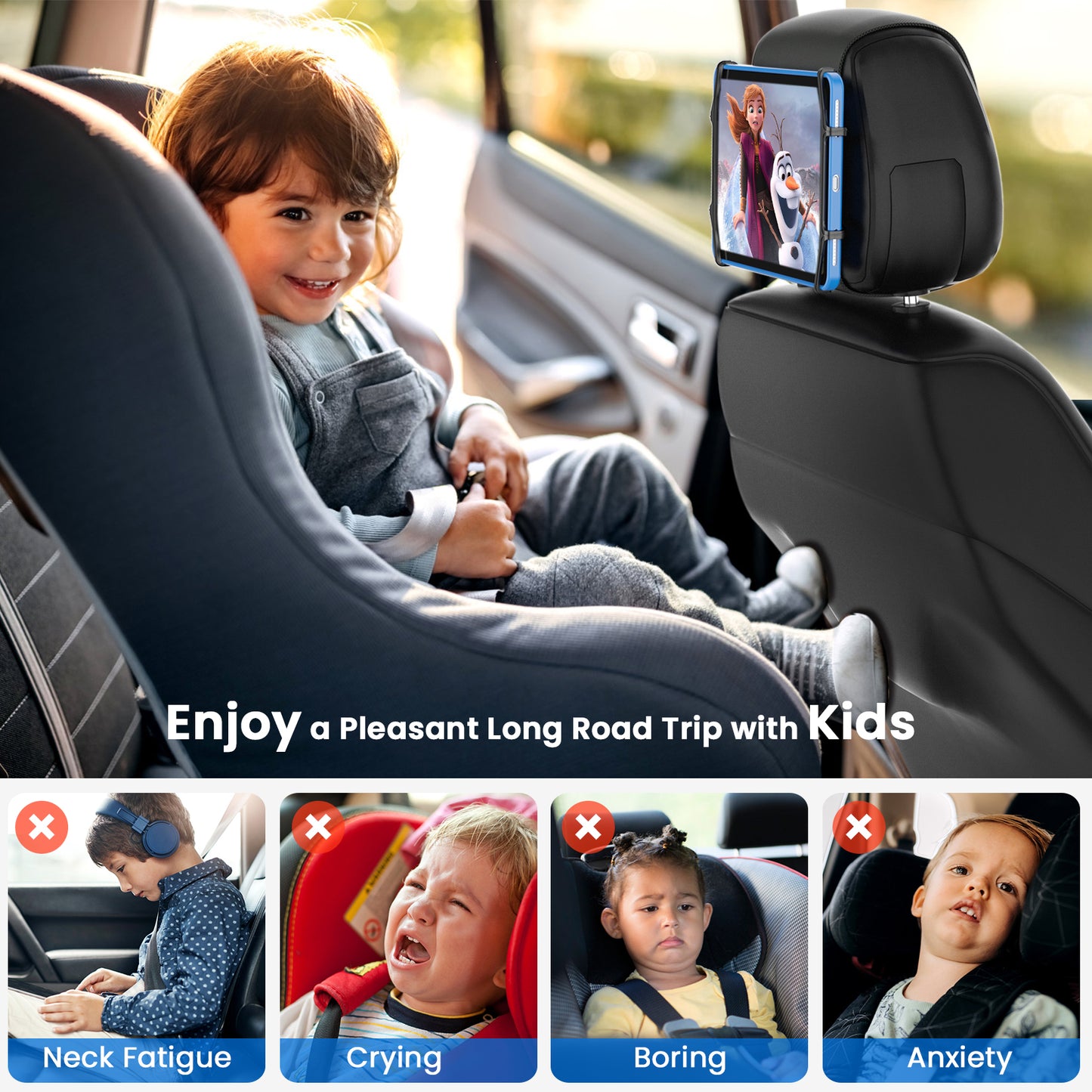 NUSICAN Car Headrest Mount Holder, 2 Pack Universal Back Seat Headrest Tablet Holder, Silicone Holder for Kids Tablet Stand, Anti Slip & Angle-Adjustable Holder Fits for 7-12.9'' Tablets iPad Pro Air