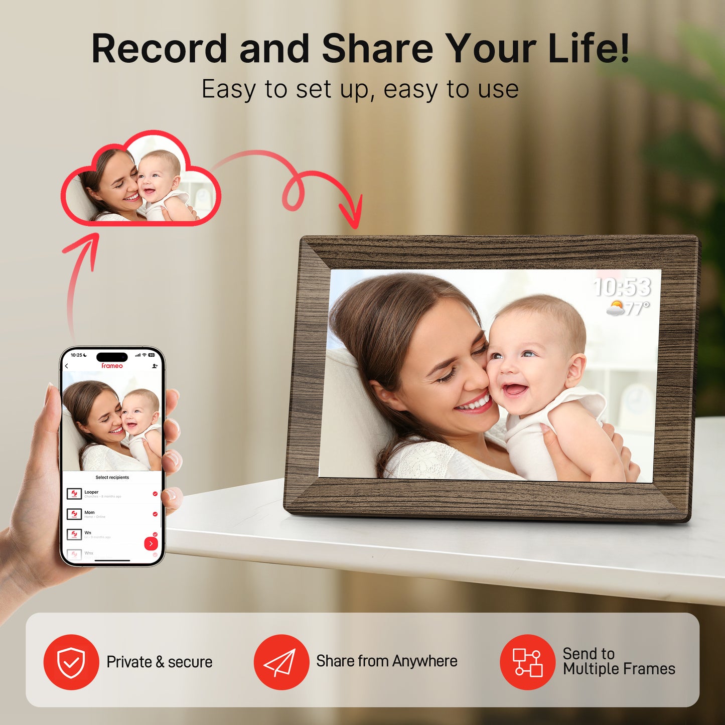 TEMASH frameo 10.1" Wood Grain WiFi Digital Photo Frame – 32GB Storage, IPS Touchscreen, Auto-Rotate, Wall Mount, Instant Sharing via frameo App