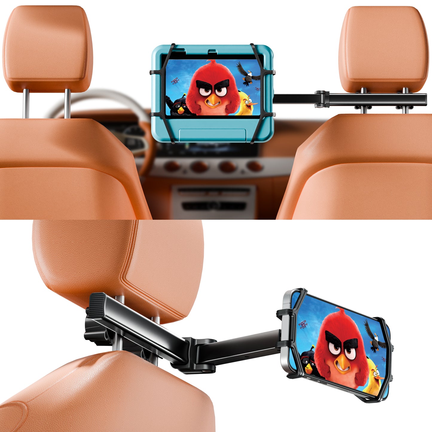 Car Headrest Tablet Holder for Kids, 360° Rotation Silicone Holder Tablet Stand, Adjustable Headrest Mount Fits for 4.7-13" Phone, iPad Pro/Air/Mini
