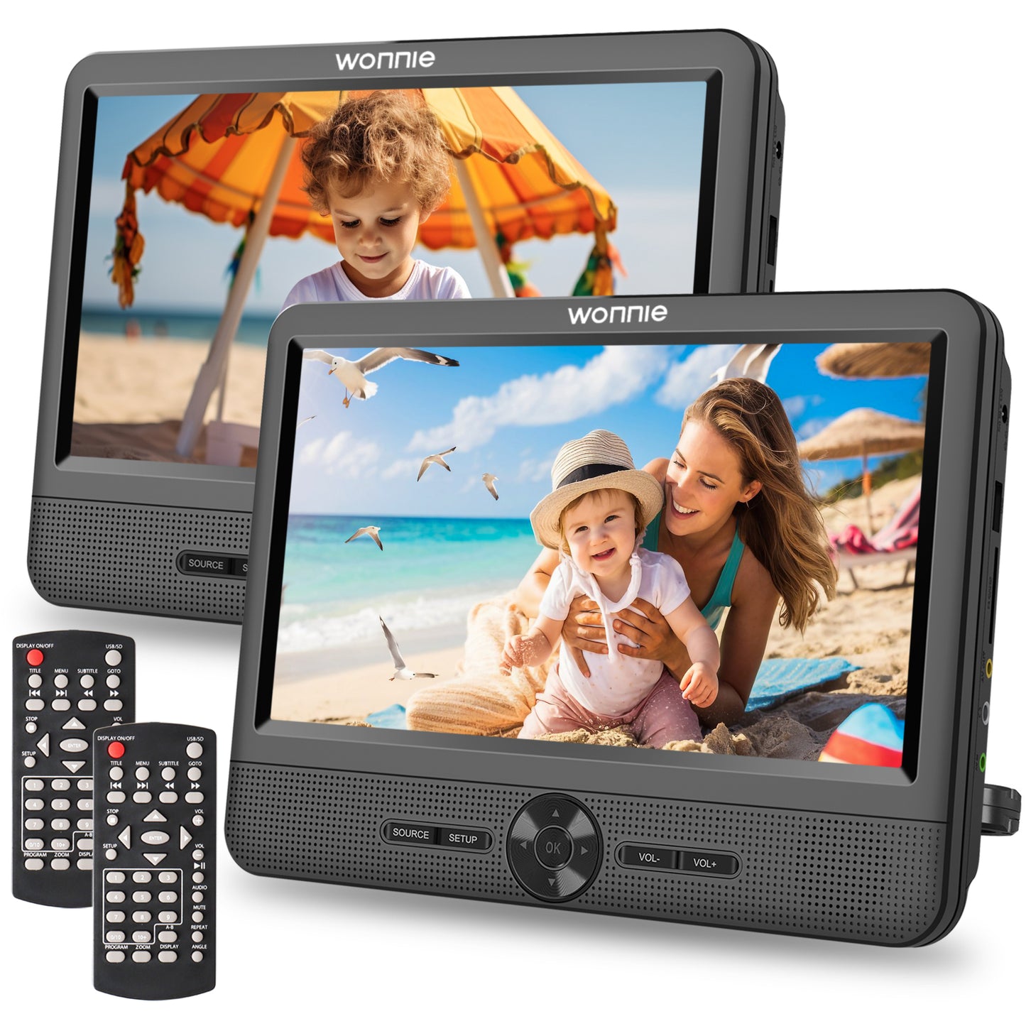 WONNIE 10” Portable Dual Screen DVD Players, Two Car DVD Player with Built-In Rechargeable Battery, Headrest DVD CD Player Support USB/ TF Card, AV In & Out, Best Gift Choice for Kids & Parents