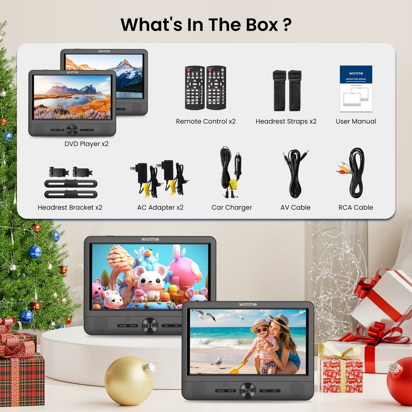 WONNIE 10” Portable Dual Screen DVD Players, Two Car DVD Player with Built-In Rechargeable Battery, Headrest DVD CD Player Support USB/ TF Card, AV In & Out, Best Gift Choice for Kids & Parents