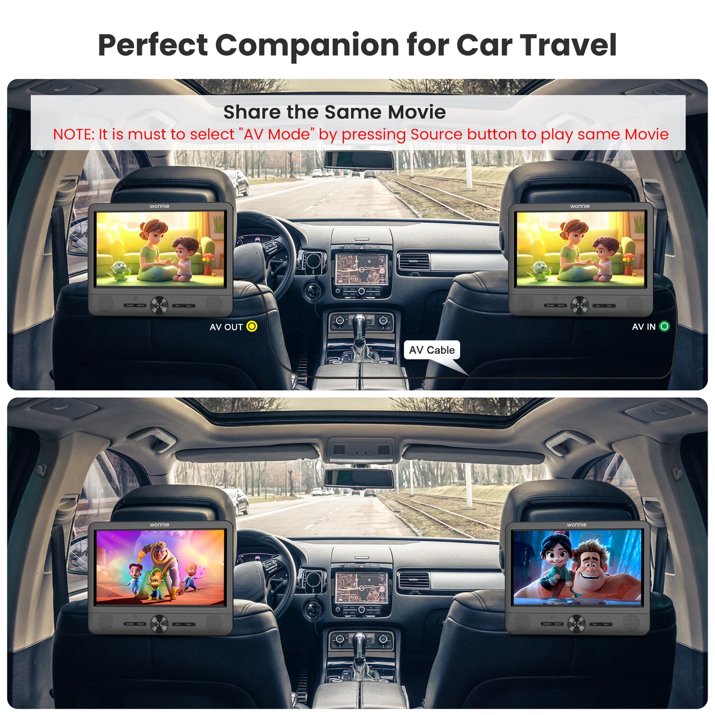 WONNIE 10” Portable Dual Screen DVD Players, Two Car DVD Player with Built-In Rechargeable Battery, Headrest DVD CD Player Support USB/ TF Card, AV In & Out, Best Gift Choice for Kids & Parents