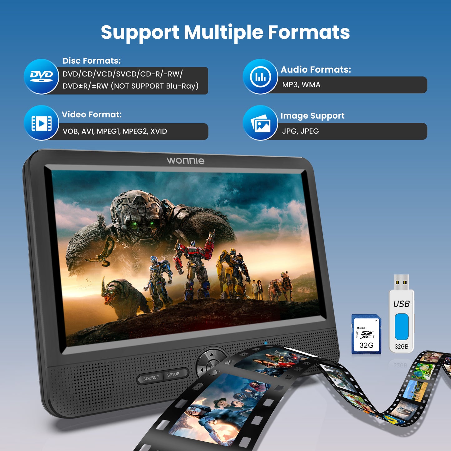 WONNIE 10” Portable Dual Screen DVD Players, Two Car DVD Player with Built-In Rechargeable Battery, Headrest DVD CD Player Support USB/ TF Card, AV In & Out, Best Gift Choice for Kids & Parents