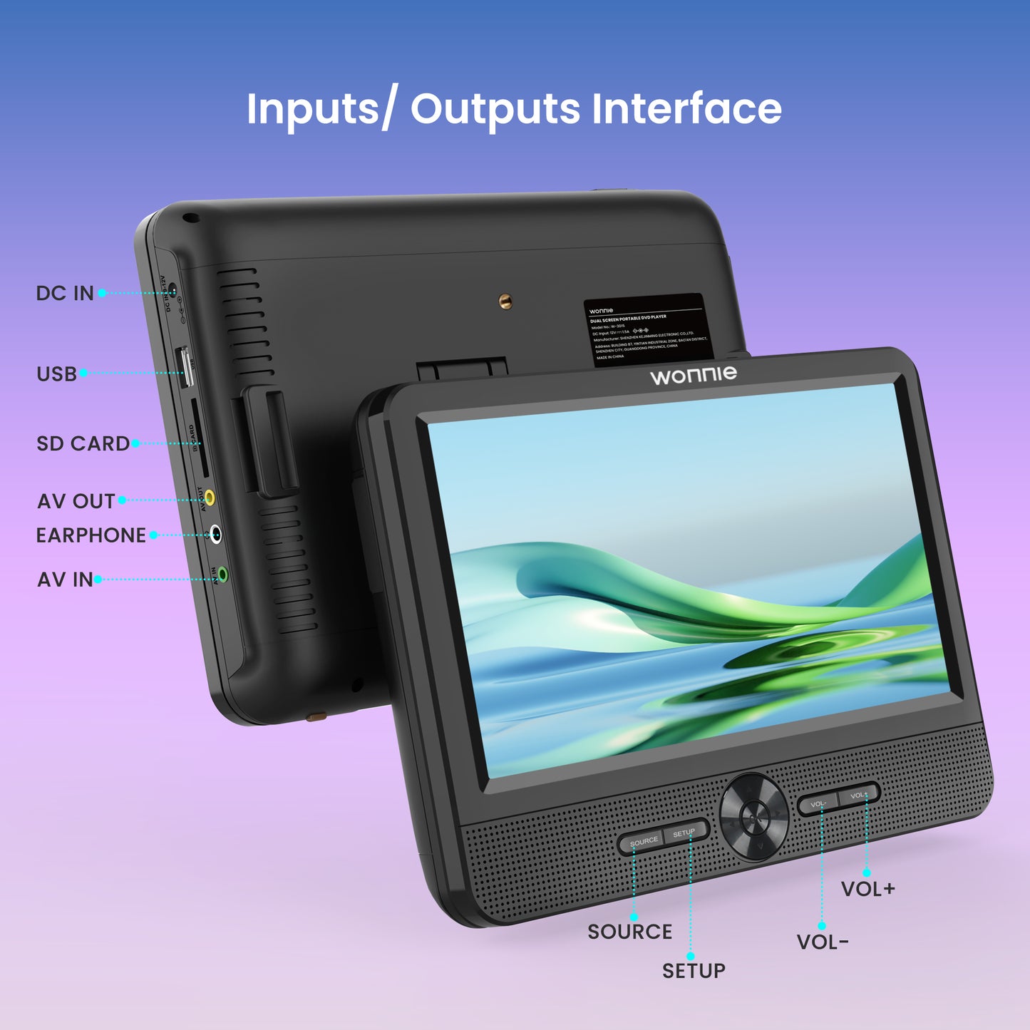 WONNIE 10” Portable Dual Screen DVD Players, Two Car DVD Player with Built-In Rechargeable Battery, Headrest DVD CD Player Support USB/ TF Card, AV In & Out, Best Gift Choice for Kids & Parents