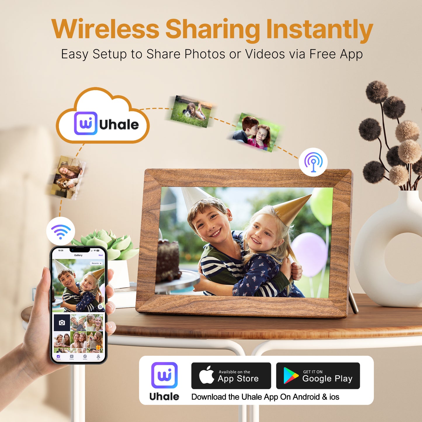 TEMASH Smart Digital Picture Frame WiFi, 10.1 inch Wood Grain Plastic Electronic Photo Frame 32GB Storage Support TF Card IPS Touchscreen, Auto-Rotate Share Photos Wishes, Best Gift