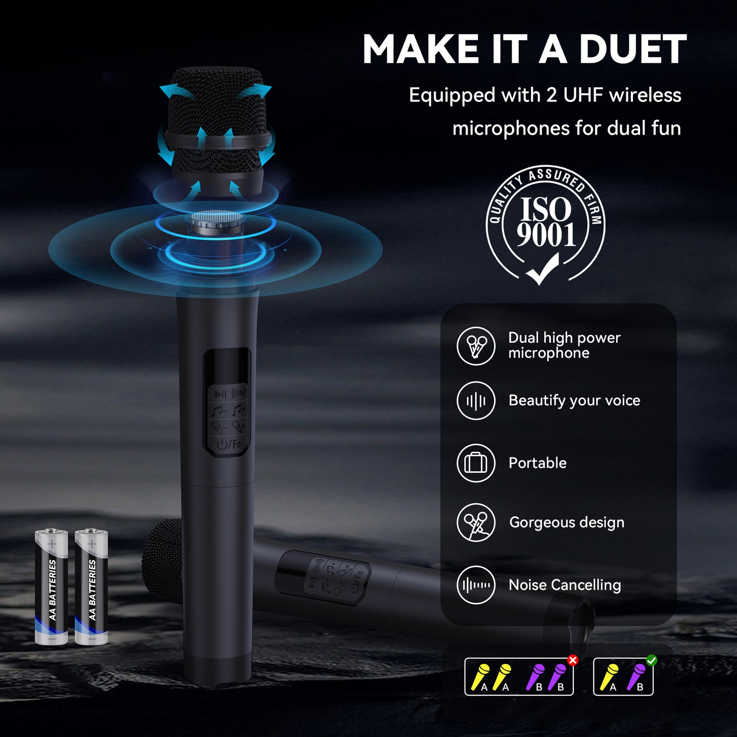 Bluetooth Karaoke Machine with 2 UHF Wireless PA System Microphones for Adult, BIGASUO Portable handheld Party Speaker with LED Lights & Lyrics Display Holder, Karaoke Speaker for Indoor/Outdoor