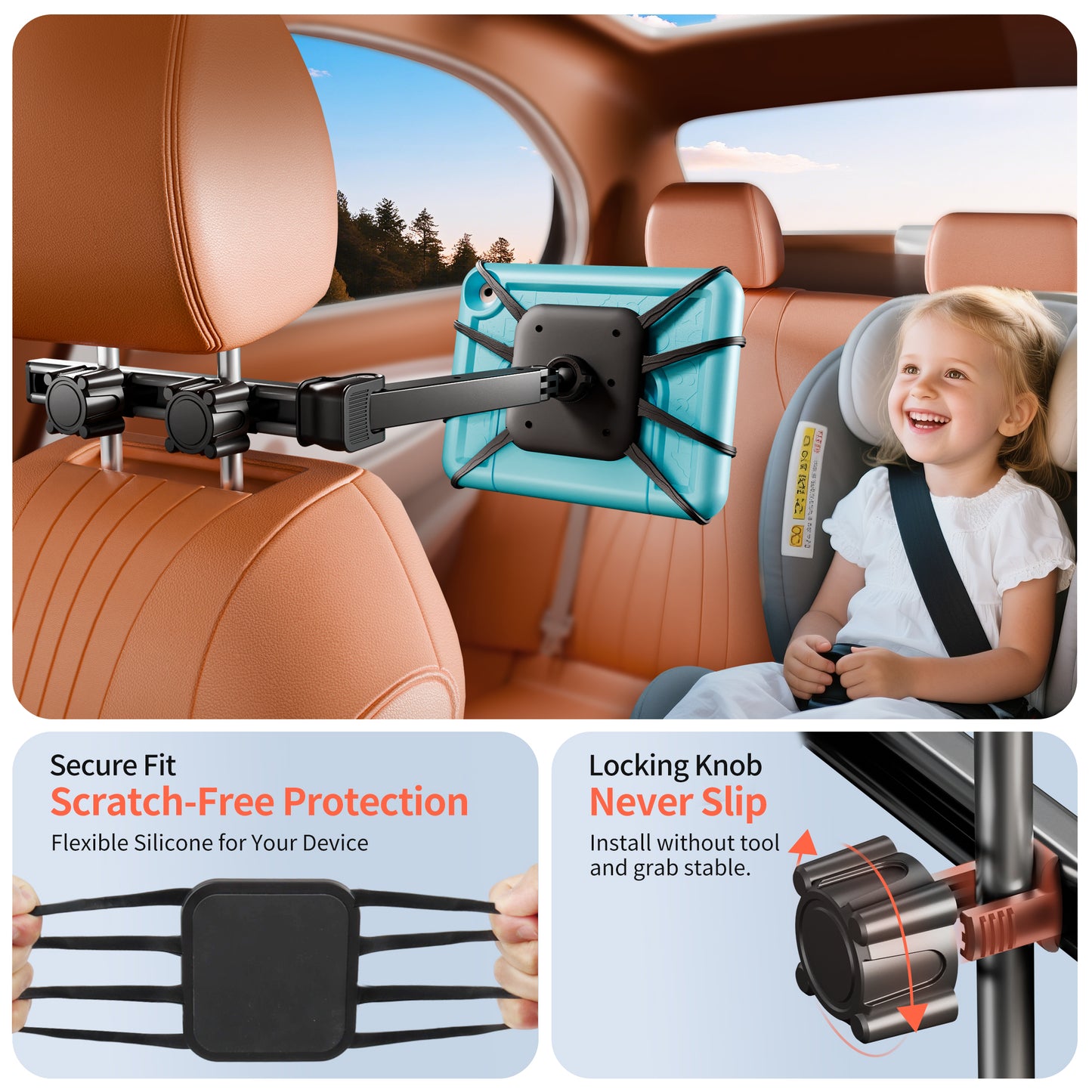Car Headrest Tablet Holder for Kids, 360° Rotation Silicone Holder Tablet Stand, Adjustable Headrest Mount Fits for 7-13" Tablets, iPad Pro/Air/Mini