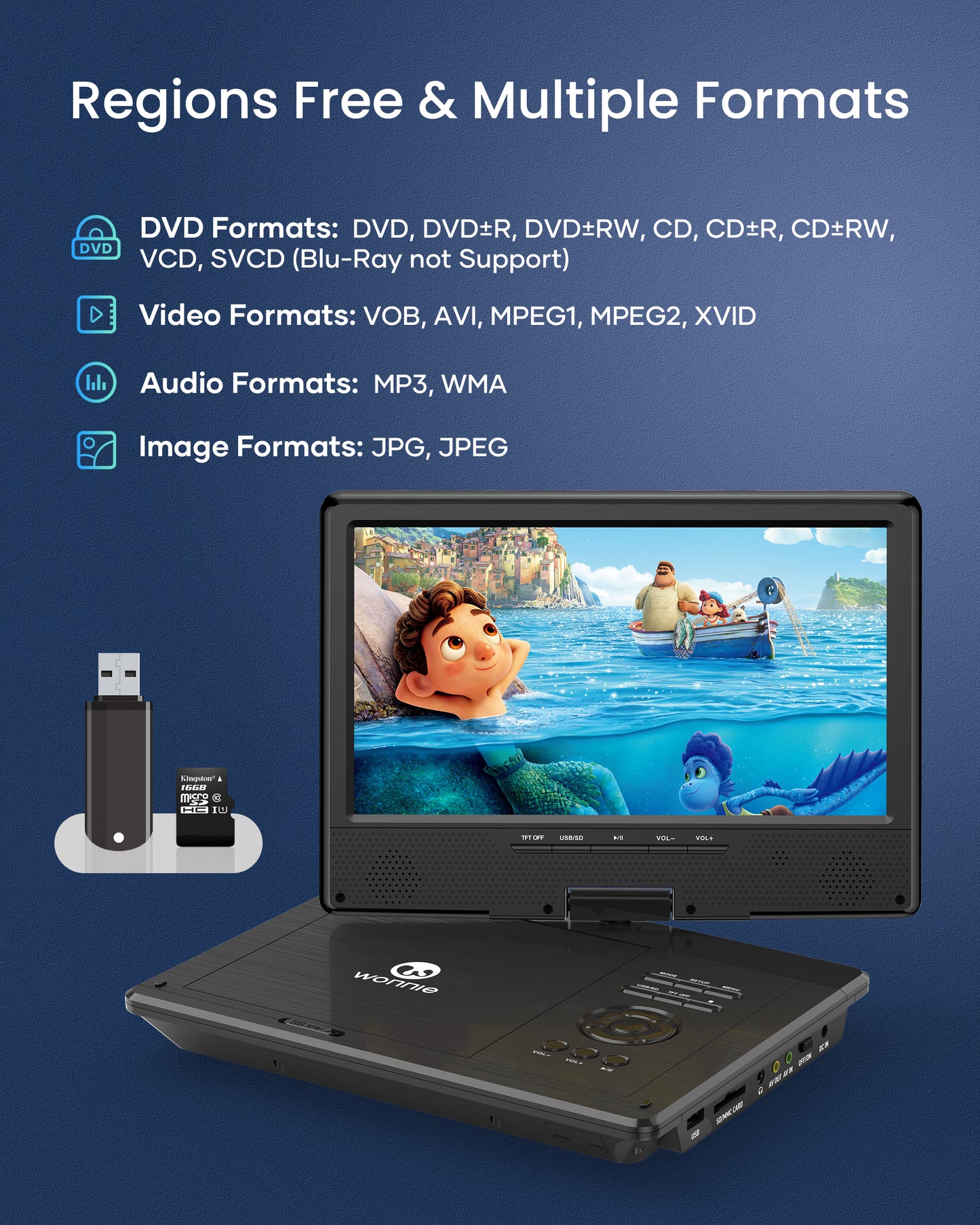 WONNIE 12.5" Portable DVD Player, Premium 10.5" HD Swivel Screen DVD Player for Kids, Built in 5 hours Rechargeable Battery Car DVD Player Support USB/SD Card/Sync TV (Car Headrest holder included)