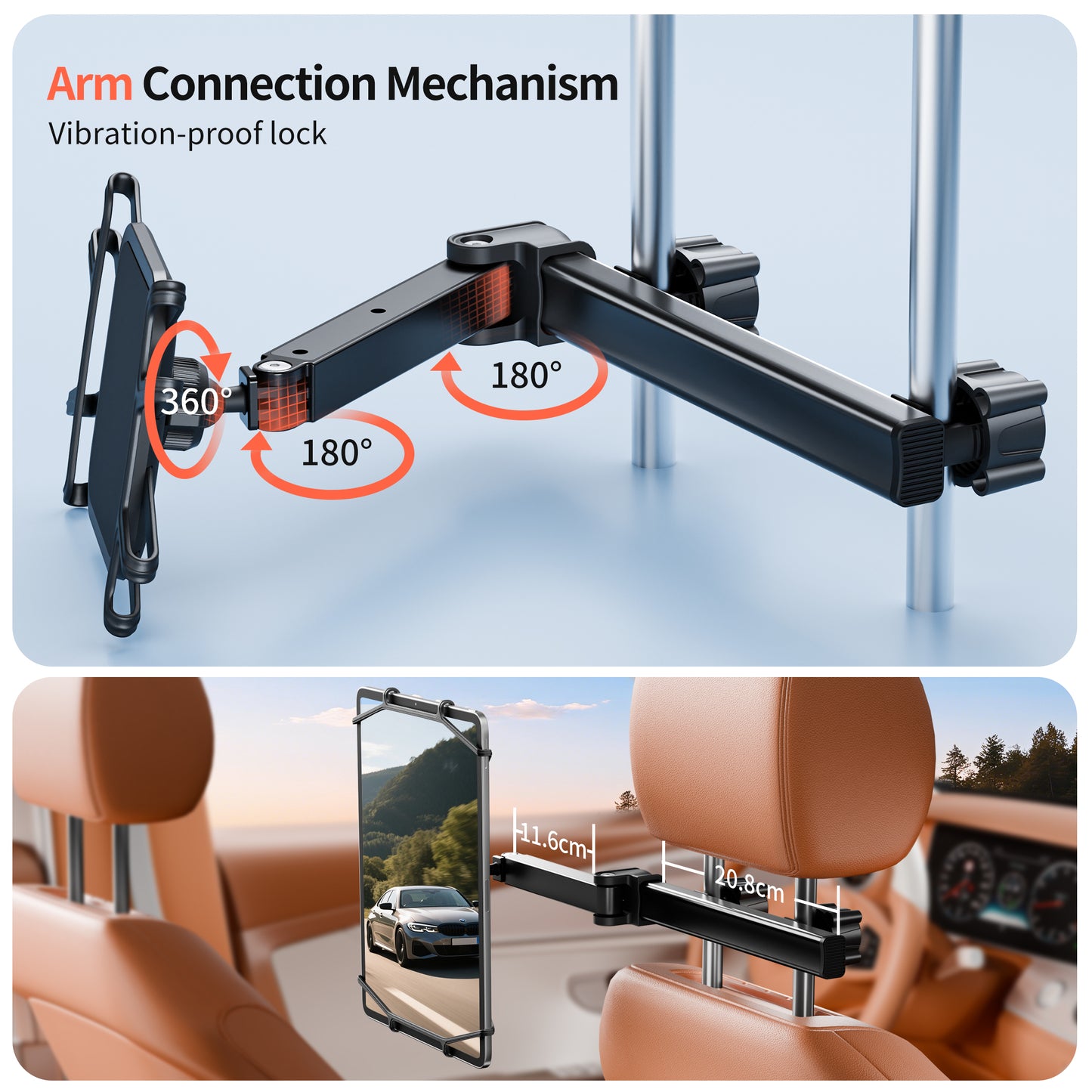 Car Headrest Tablet Holder for Kids, 360° Rotation Silicone Holder Tablet Stand, Adjustable Headrest Mount Fits for 7-13" Tablets, iPad Pro/Air/Mini
