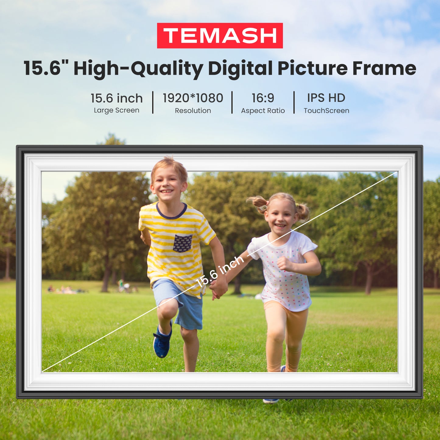 Frameo Digital Picture Frame, TEMASH 15.6 Inch Large Digital Photo Frame WiFi with 32GB Storage, 1920*1080 FHD IPS Touchscreen Auto Rotate, Easy to Share Photos Videos, Black with White Mat